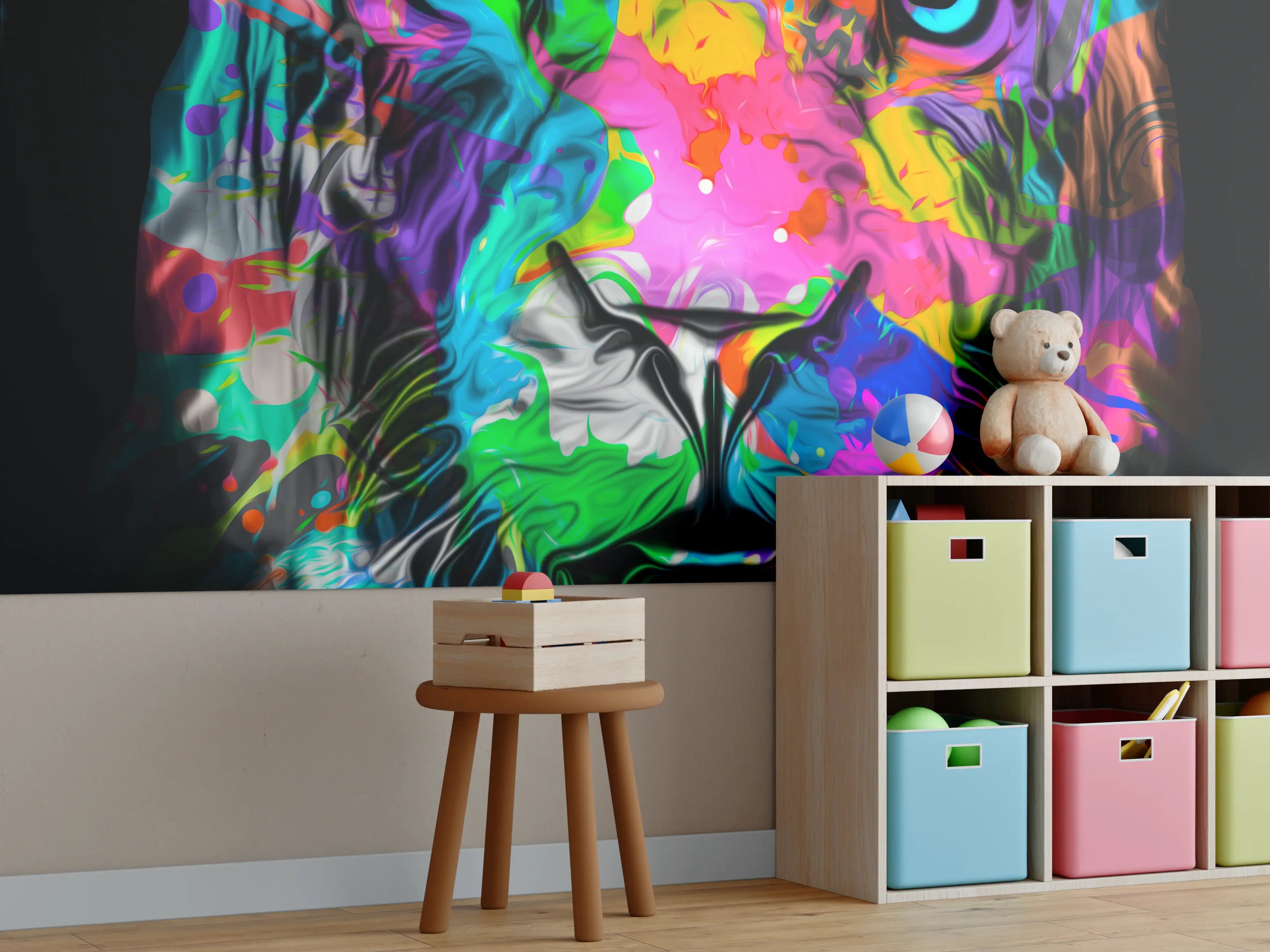 Kinderzimmer Wandgestaltung - Buntes Tigerkopfdesign
