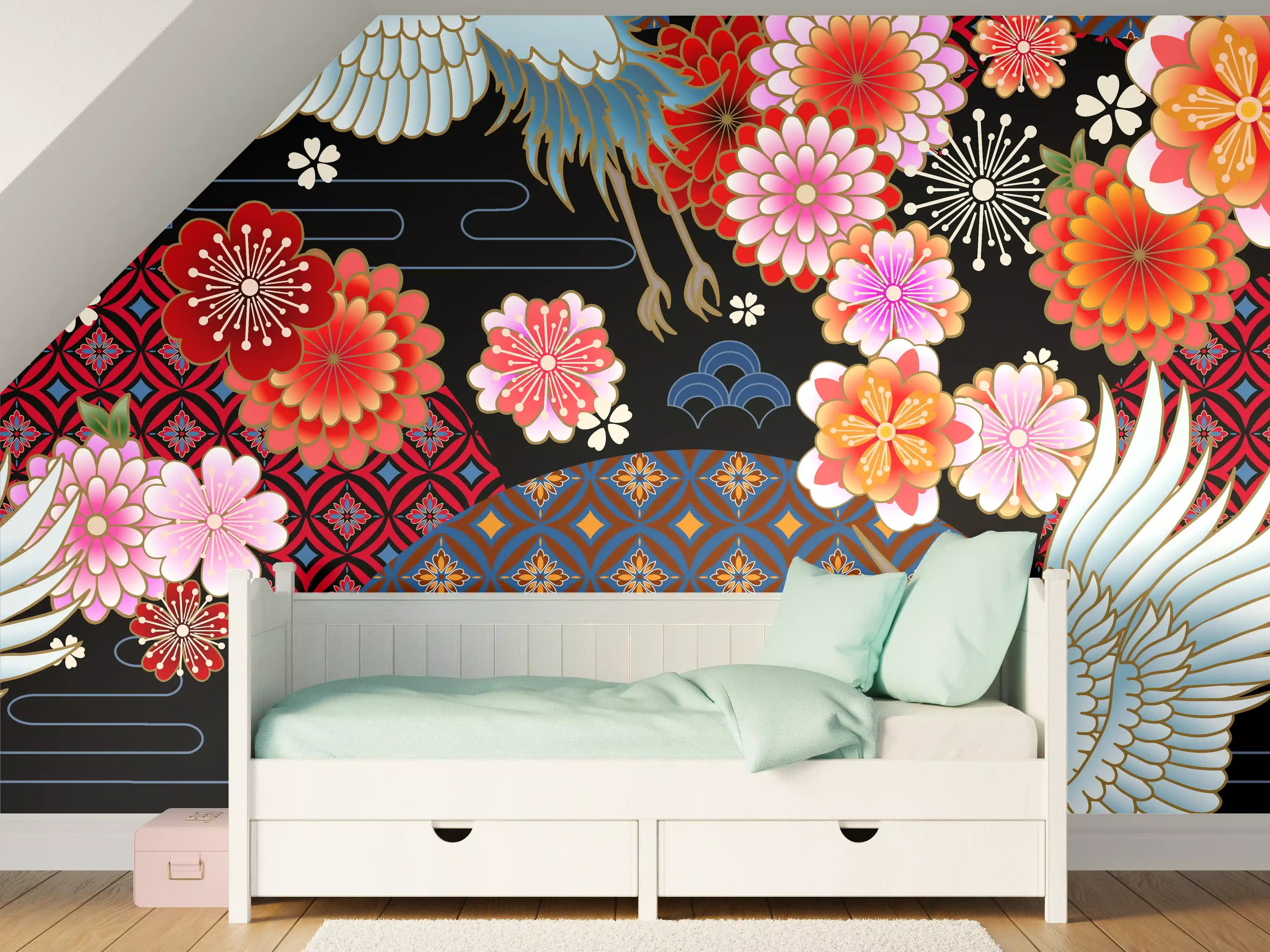 Kinderzimmer Wandgestaltung - Buntes Vogel-Blumen-Muster