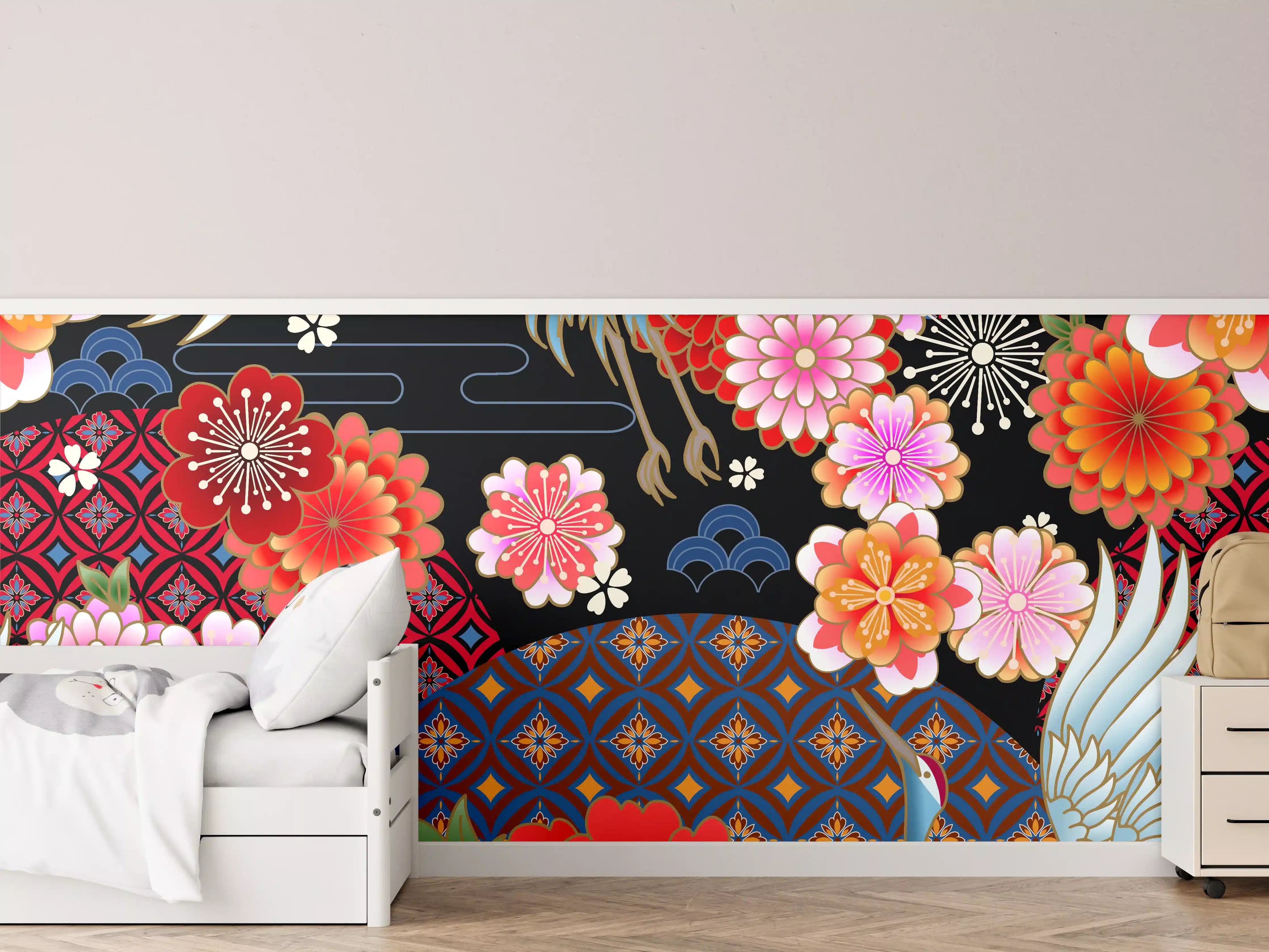 Kinderzimmer Wandgestaltung - Buntes Vogel-Blumen-Muster