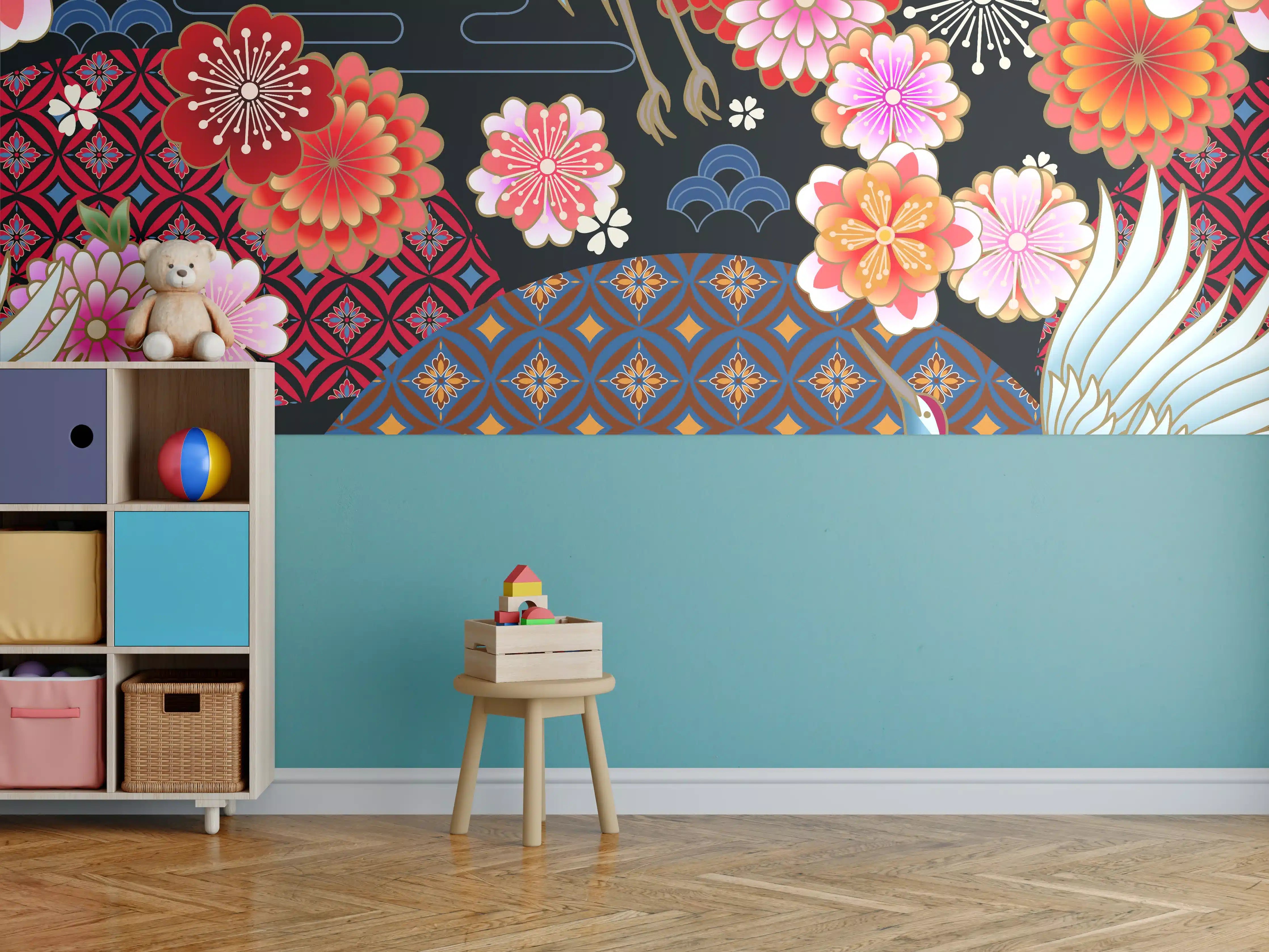 Kinderzimmer Wandgestaltung - Buntes Vogel-Blumen-Muster