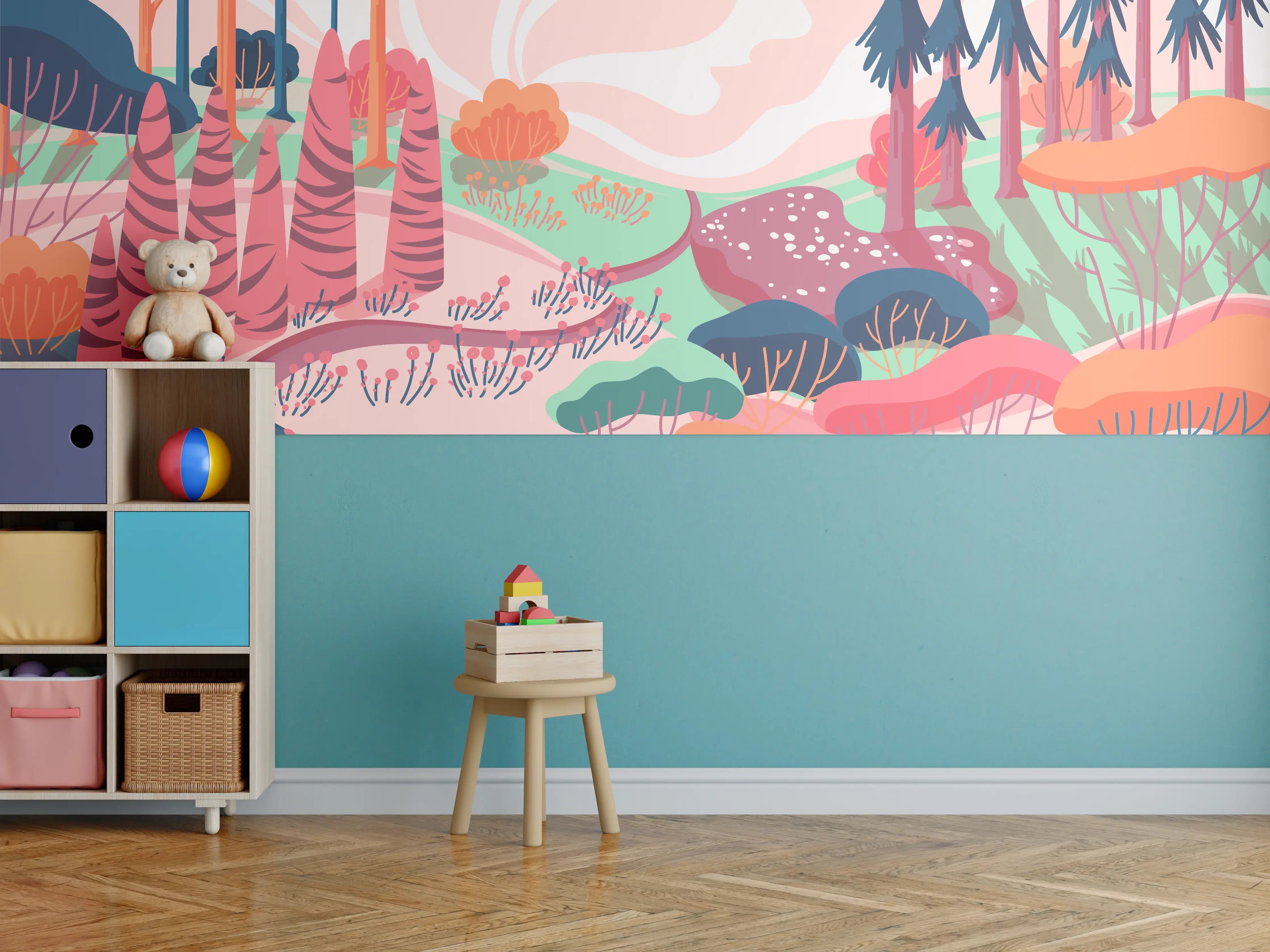 Kinderzimmer Wandgestaltung - Buntes Waldlandschaft Illustration