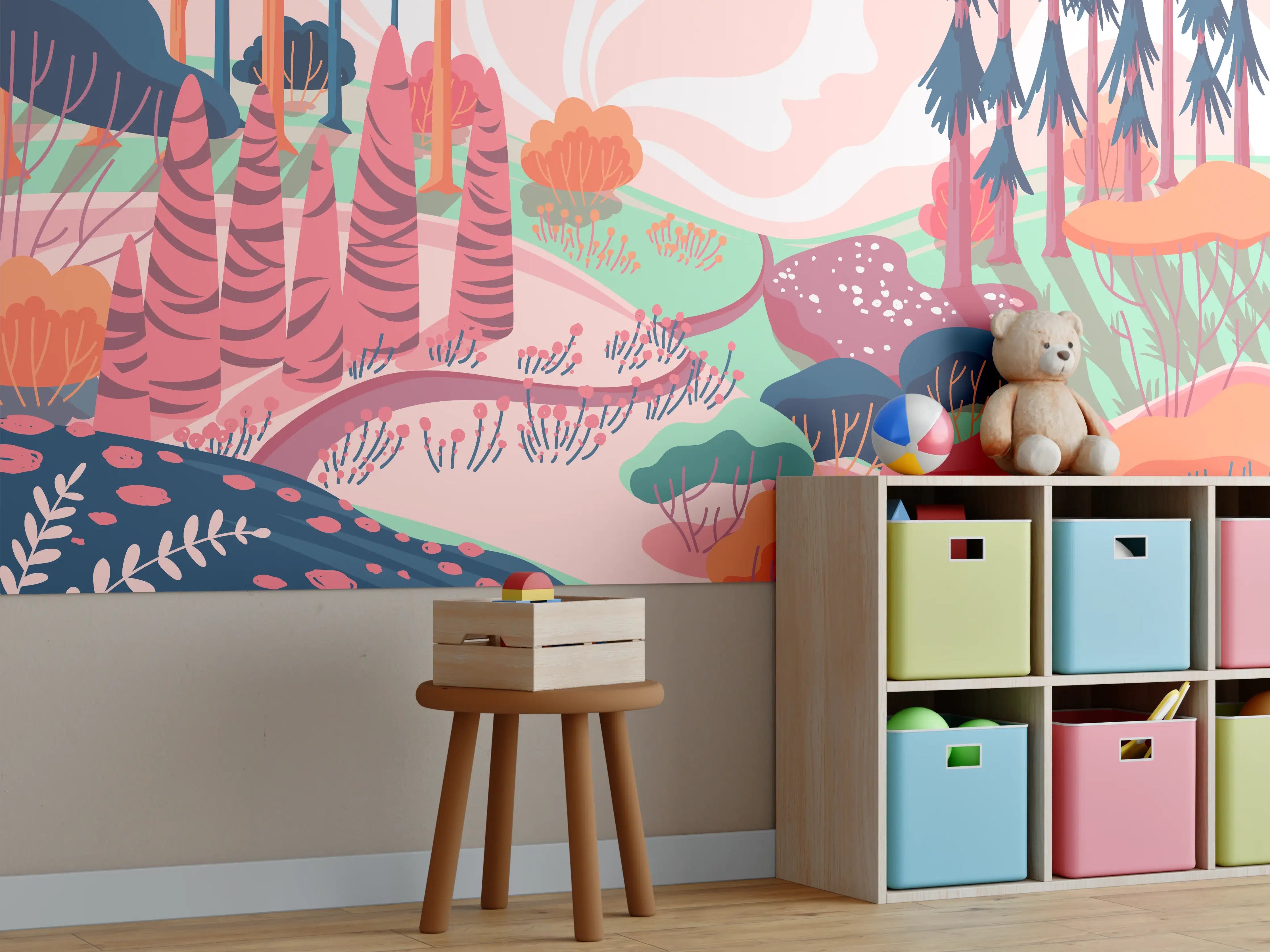Kinderzimmer Wandgestaltung - Buntes Waldlandschaft Illustration