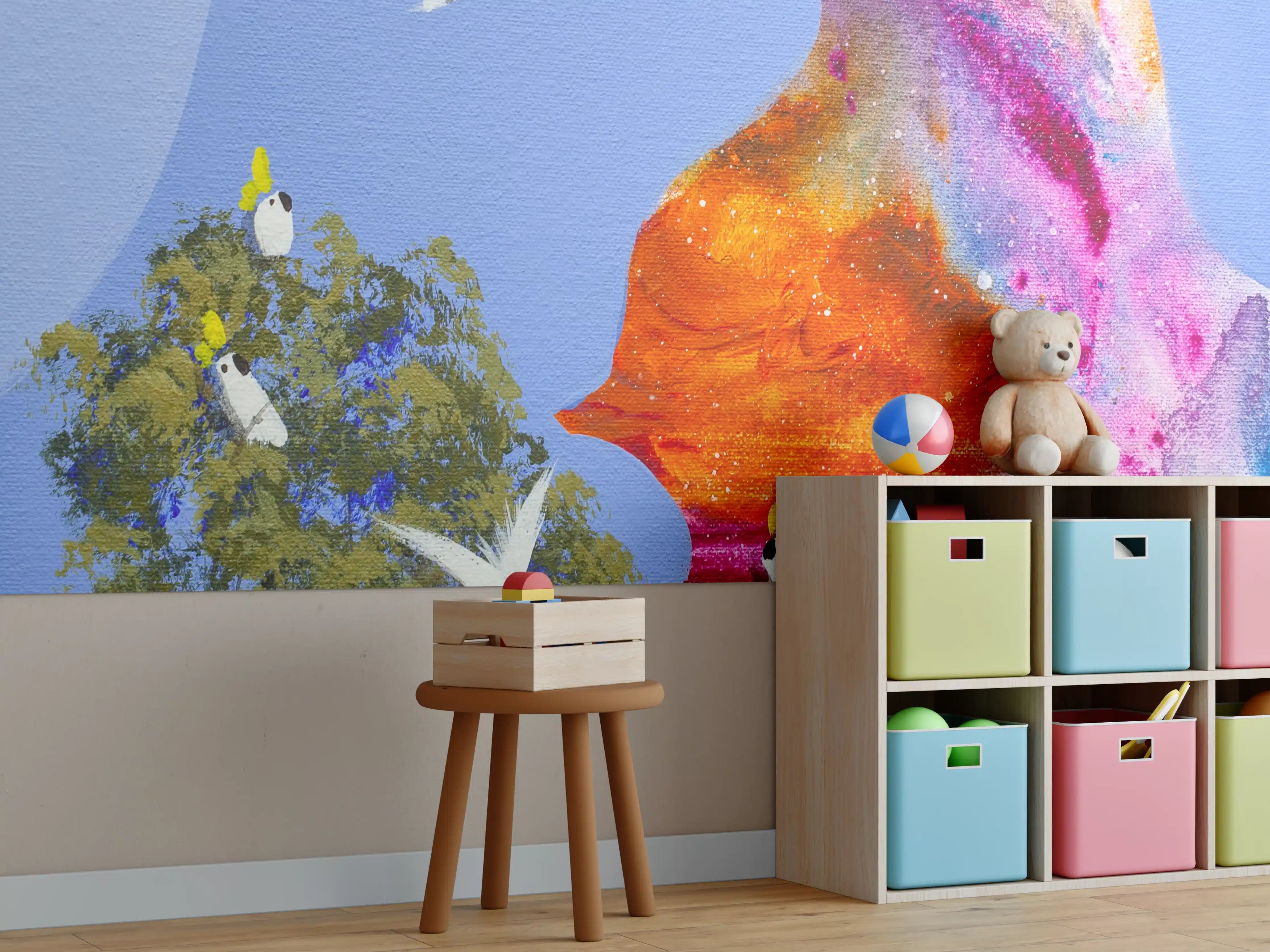 Kinderzimmer Wandgestaltung - Buntes Wasserfarben-Waldmotiv mit Vögeln