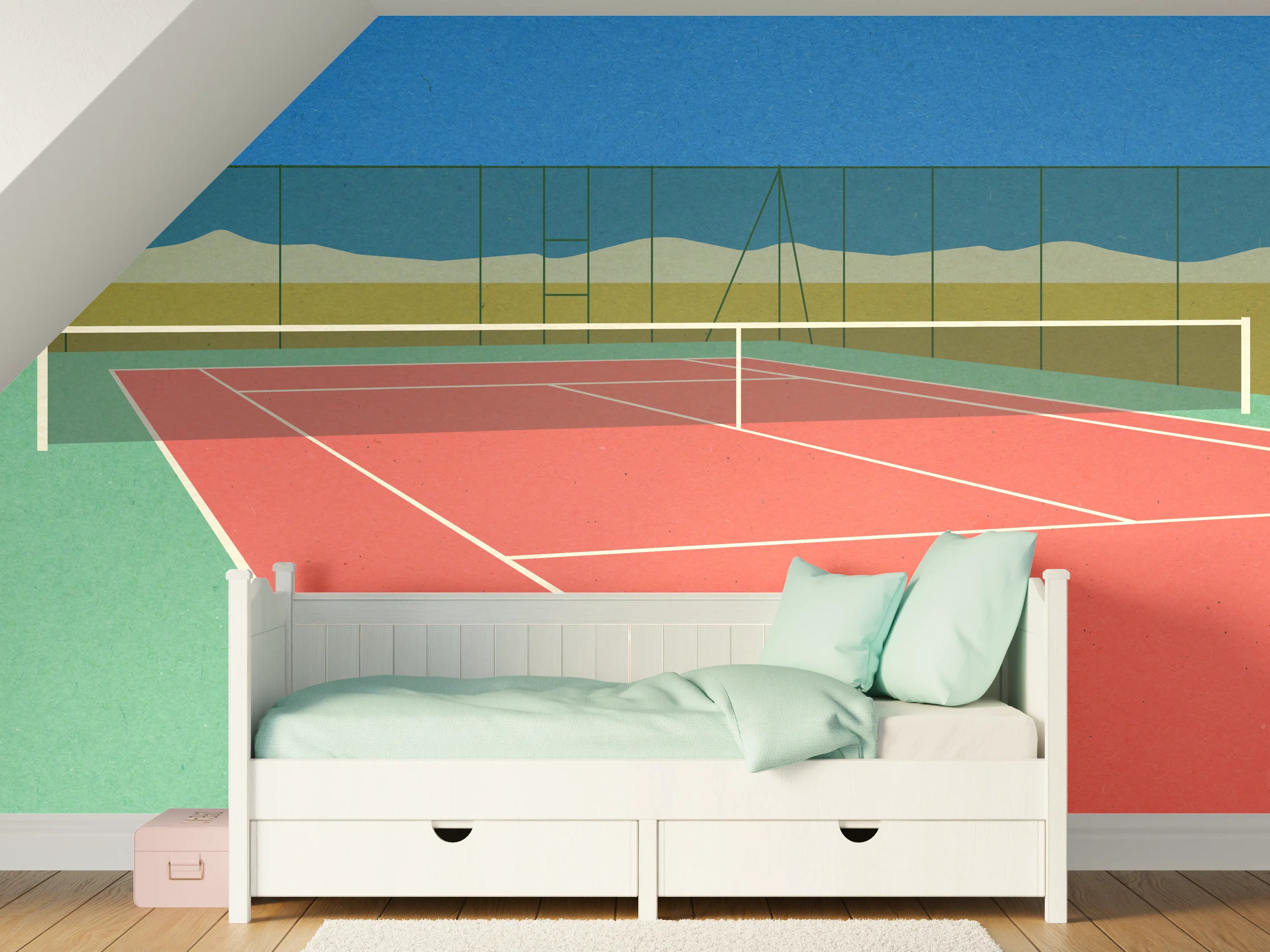 Kinderzimmer Wandgestaltung - Buntes Wüsten-Tennis-Court Papierkunst