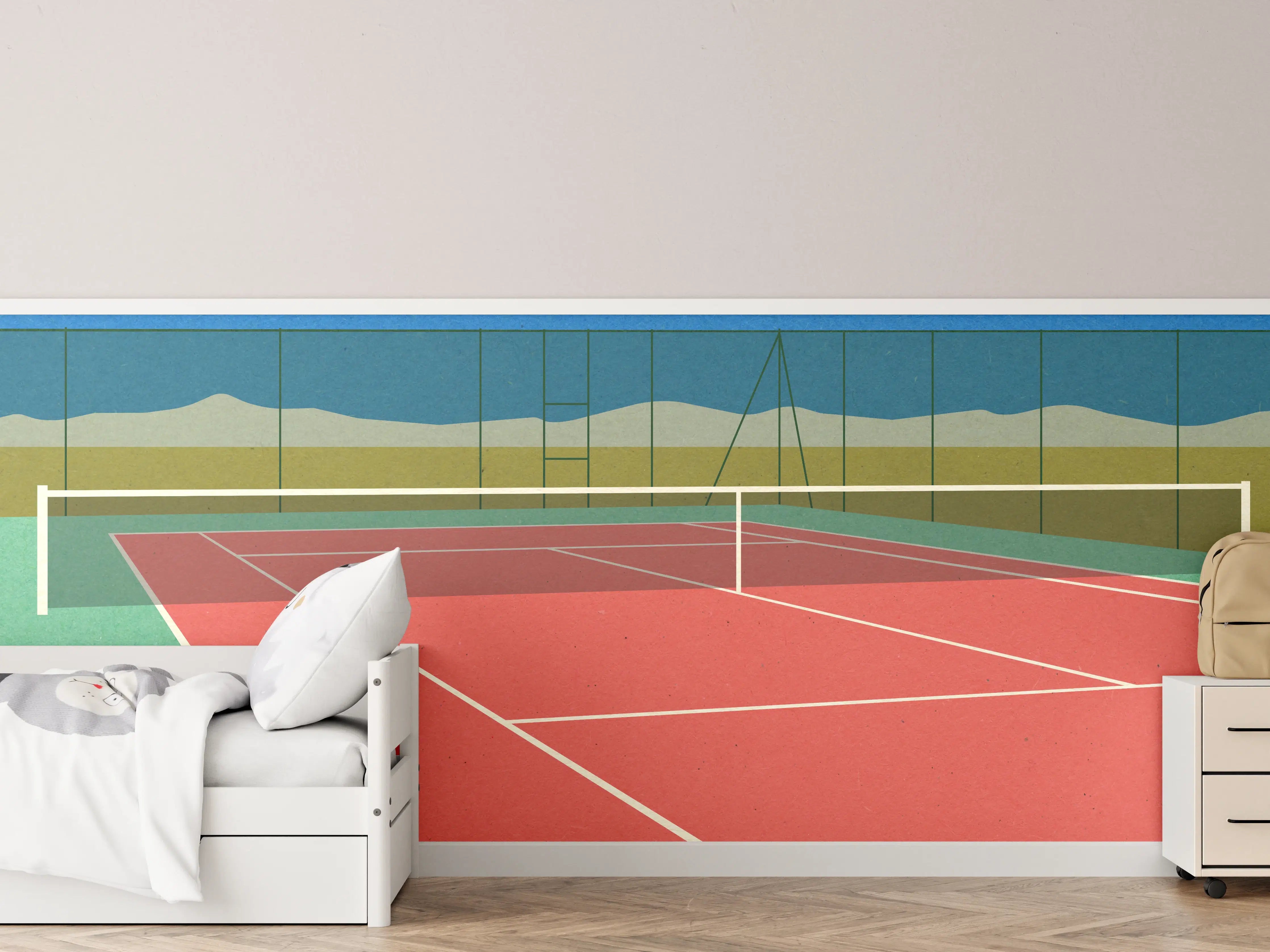 Kinderzimmer Wandgestaltung - Buntes Wüsten-Tennis-Court Papierkunst