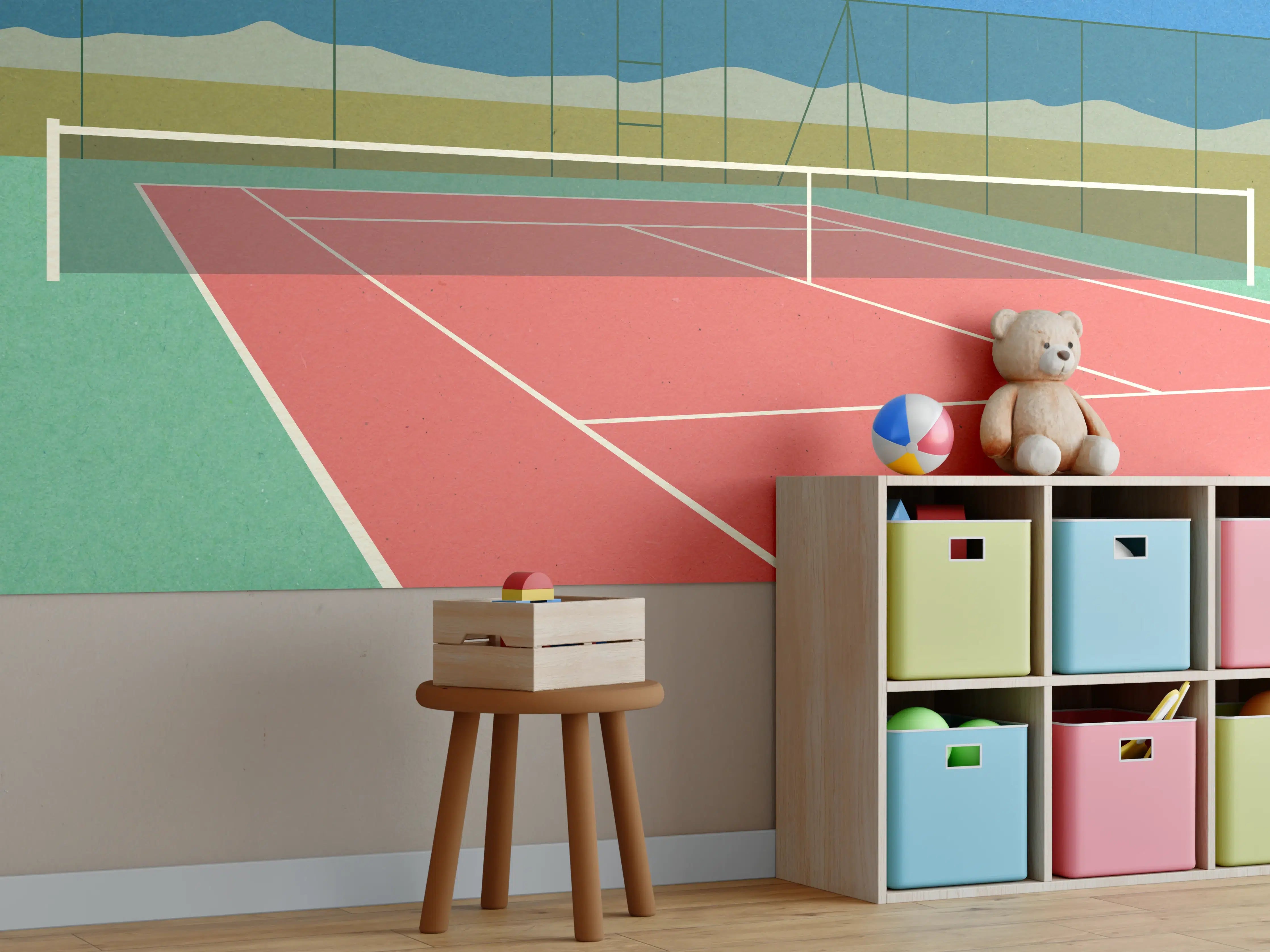 Kinderzimmer Wandgestaltung - Buntes Wüsten-Tennis-Court Papierkunst