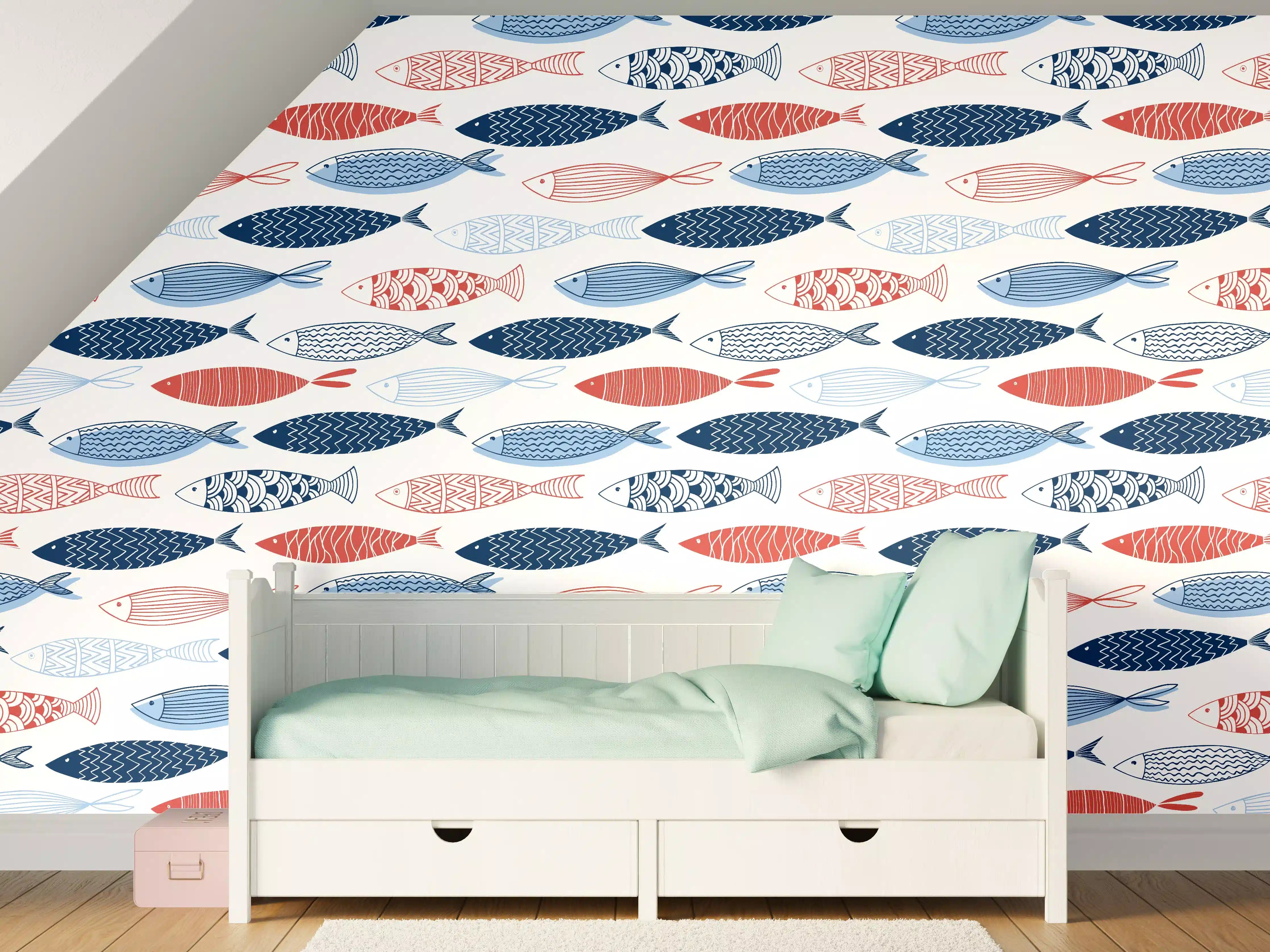 Kinderzimmer Wandgestaltung - Cartoon-Fische Blau-Rot