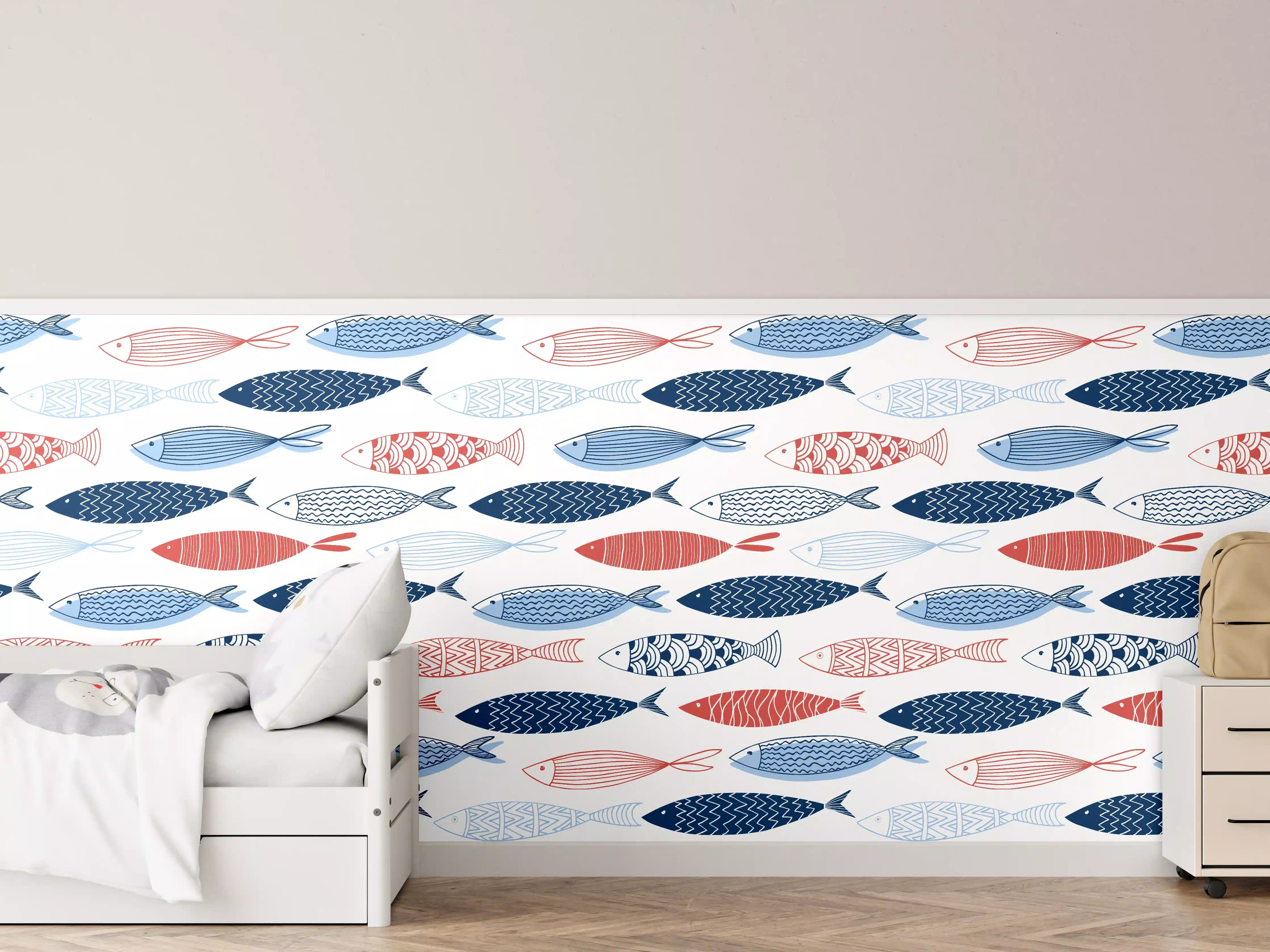 Kinderzimmer Wandgestaltung - Cartoon-Fische Blau-Rot