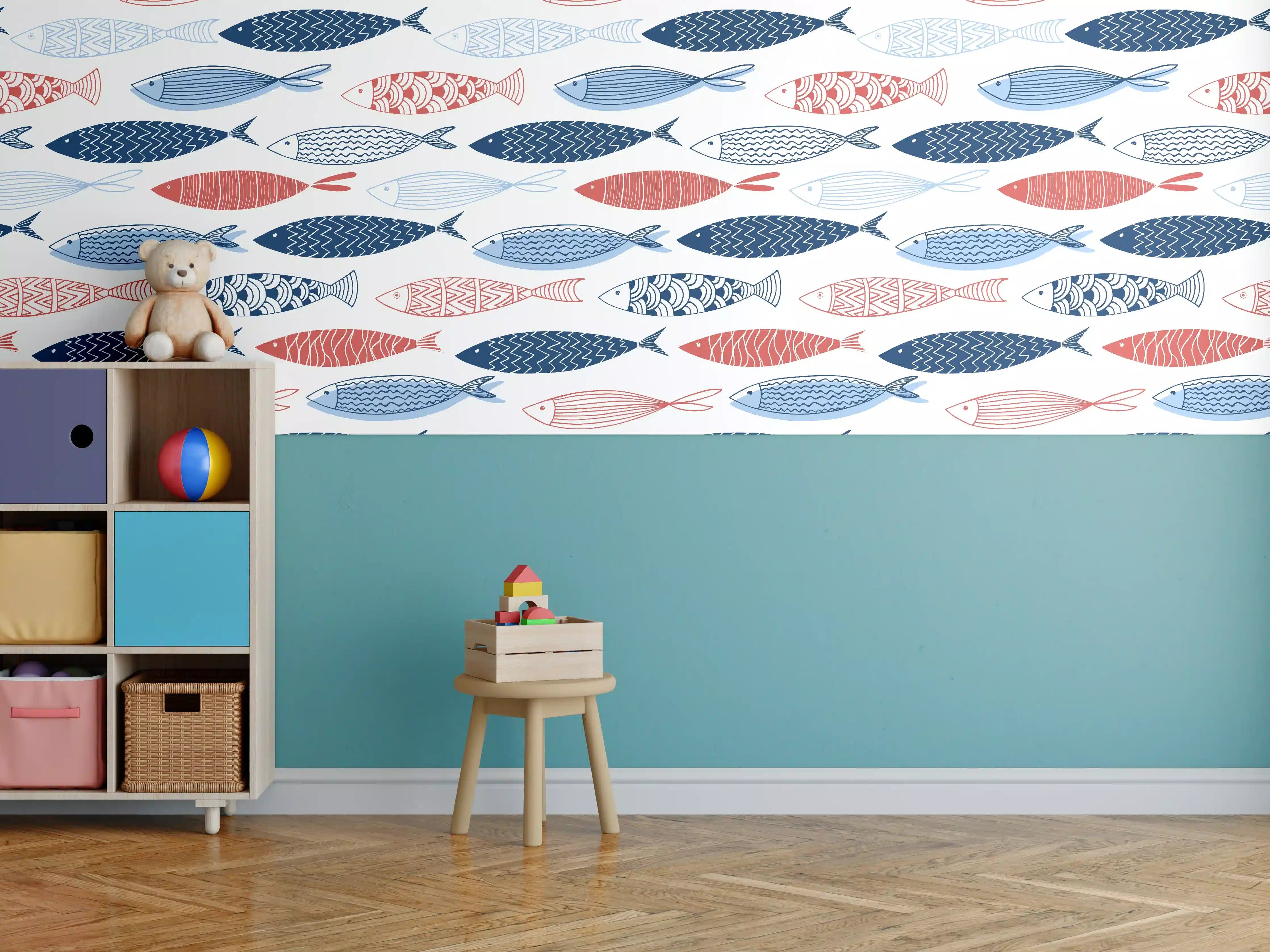 Kinderzimmer Wandgestaltung - Cartoon-Fische Blau-Rot
