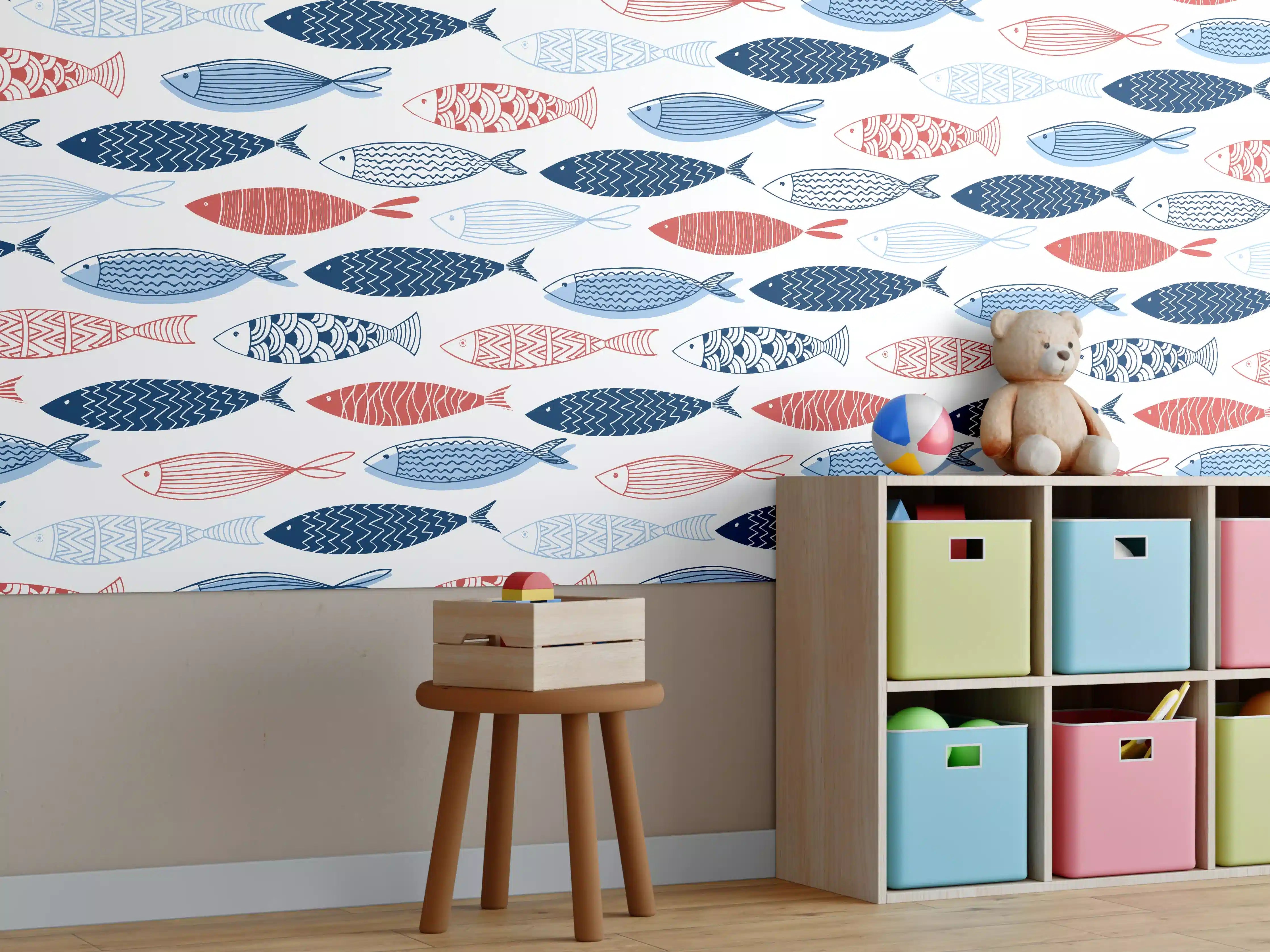 Kinderzimmer Wandgestaltung - Cartoon-Fische Blau-Rot
