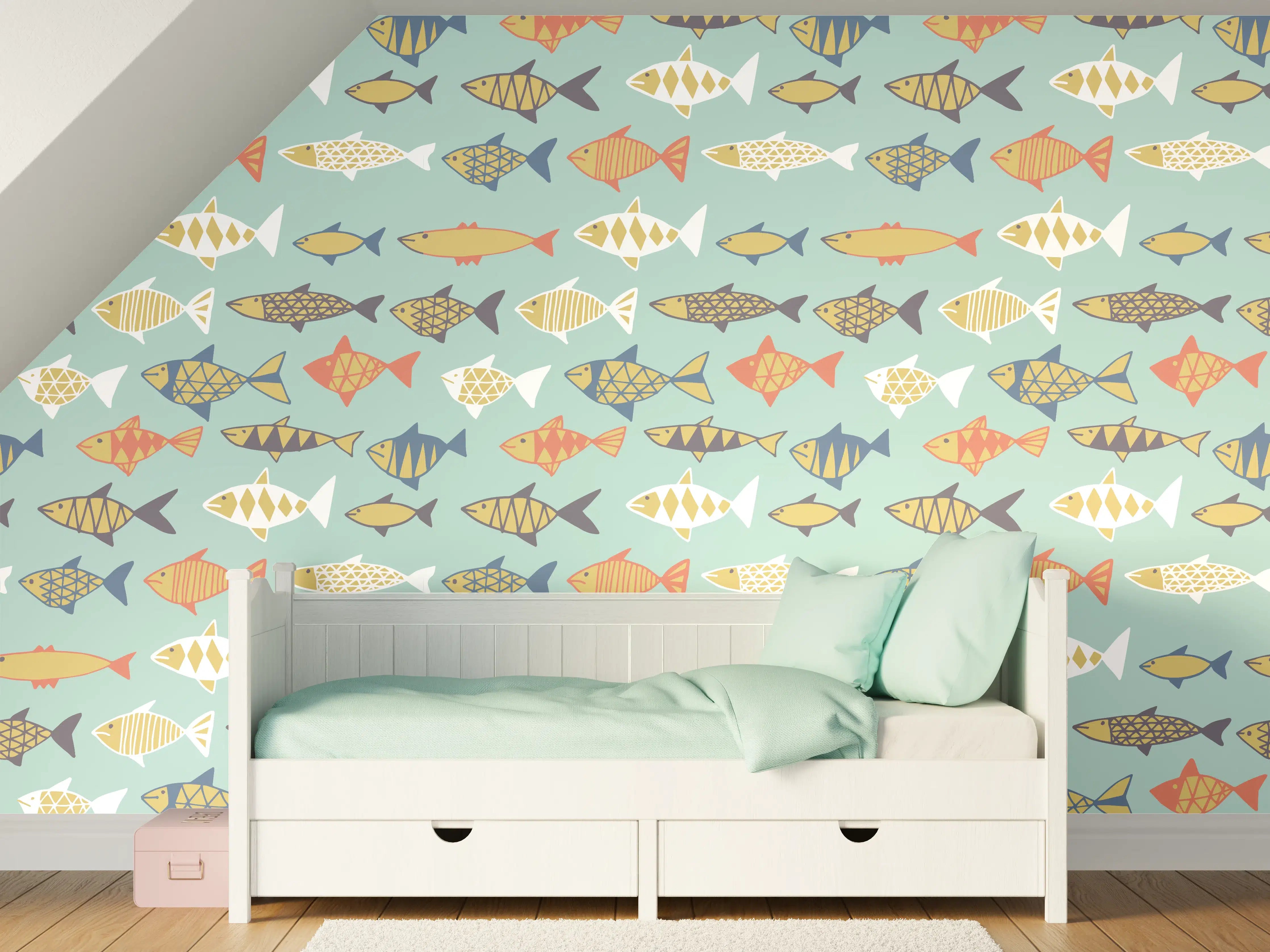 Kinderzimmer Wandgestaltung - Cartoon-Fische Türkis-Orange Muster