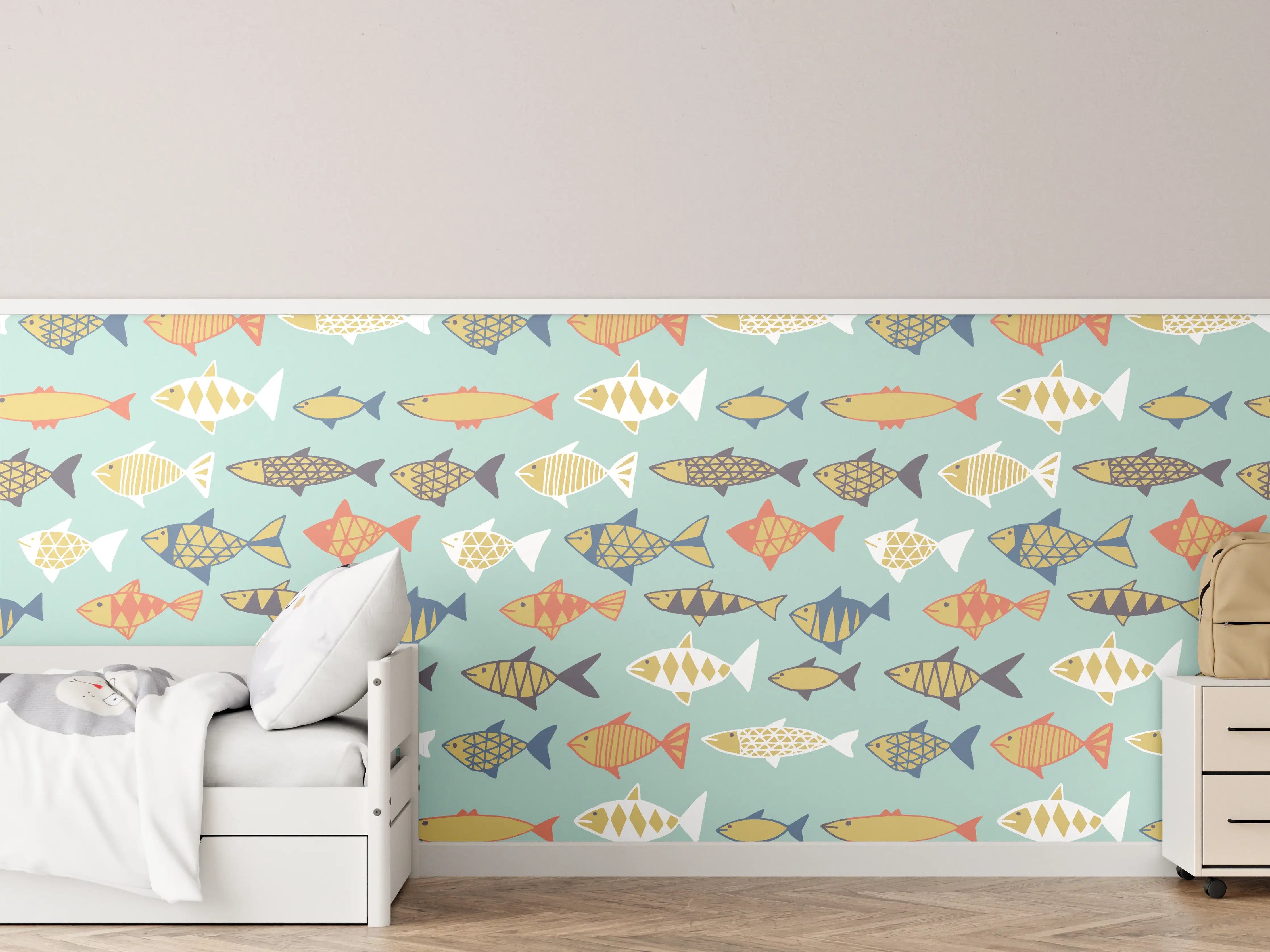 Kinderzimmer Wandgestaltung - Cartoon-Fische Türkis-Orange Muster