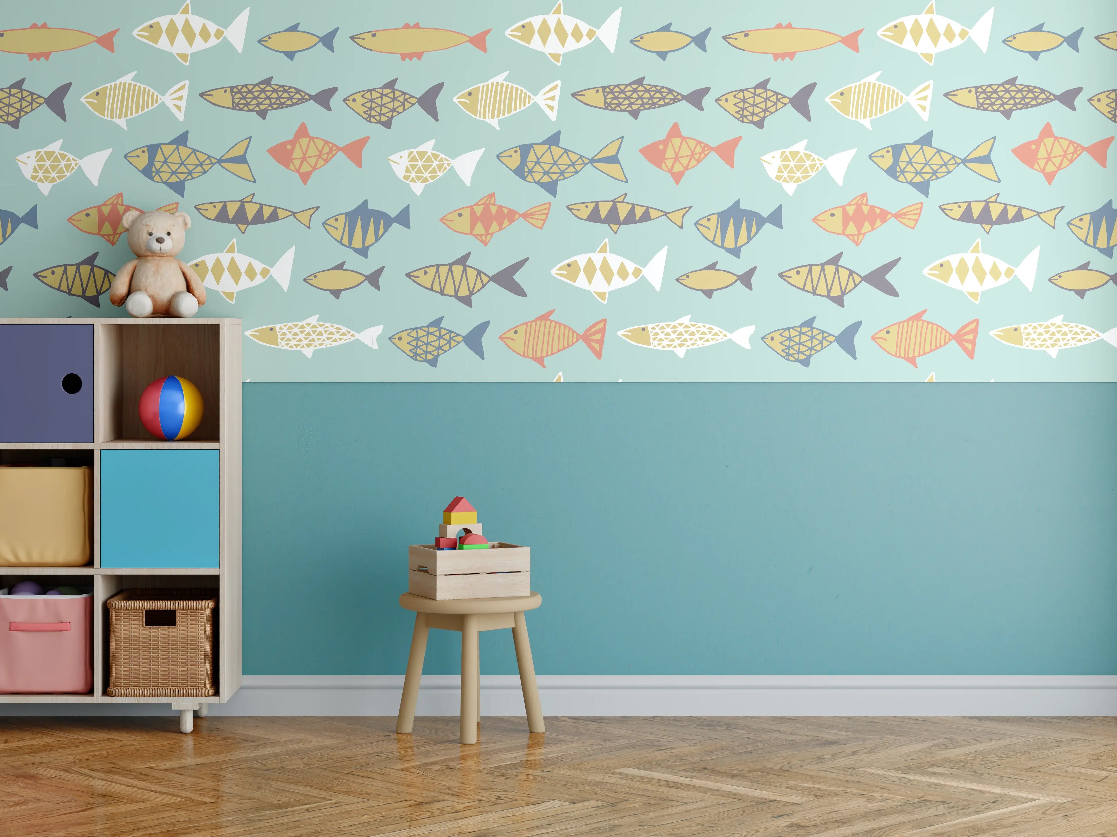 Kinderzimmer Wandgestaltung - Cartoon-Fische Türkis-Orange Muster