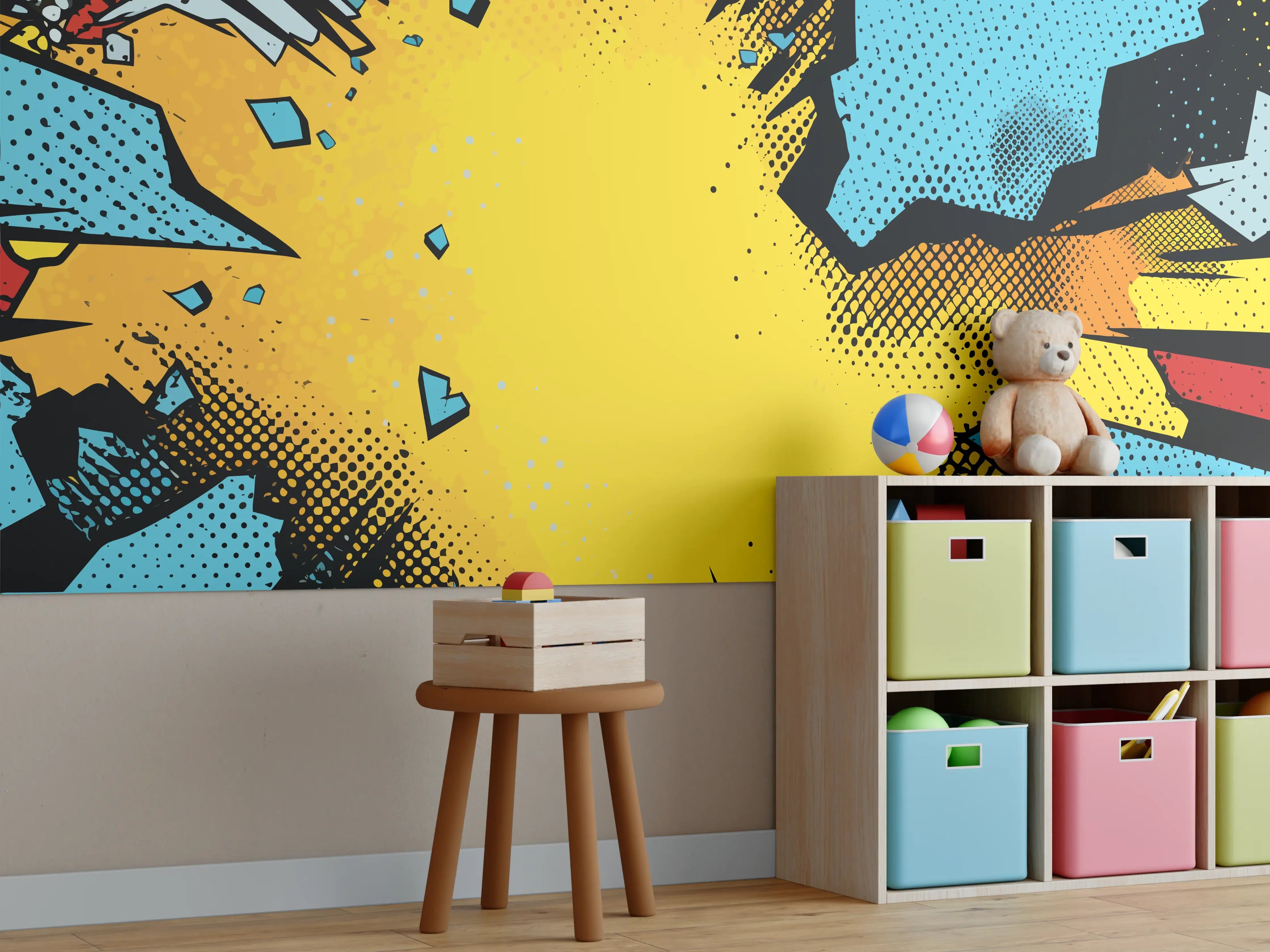 Kinderzimmer Wandgestaltung - Comic-Stil Explosion mit bunten Elementen