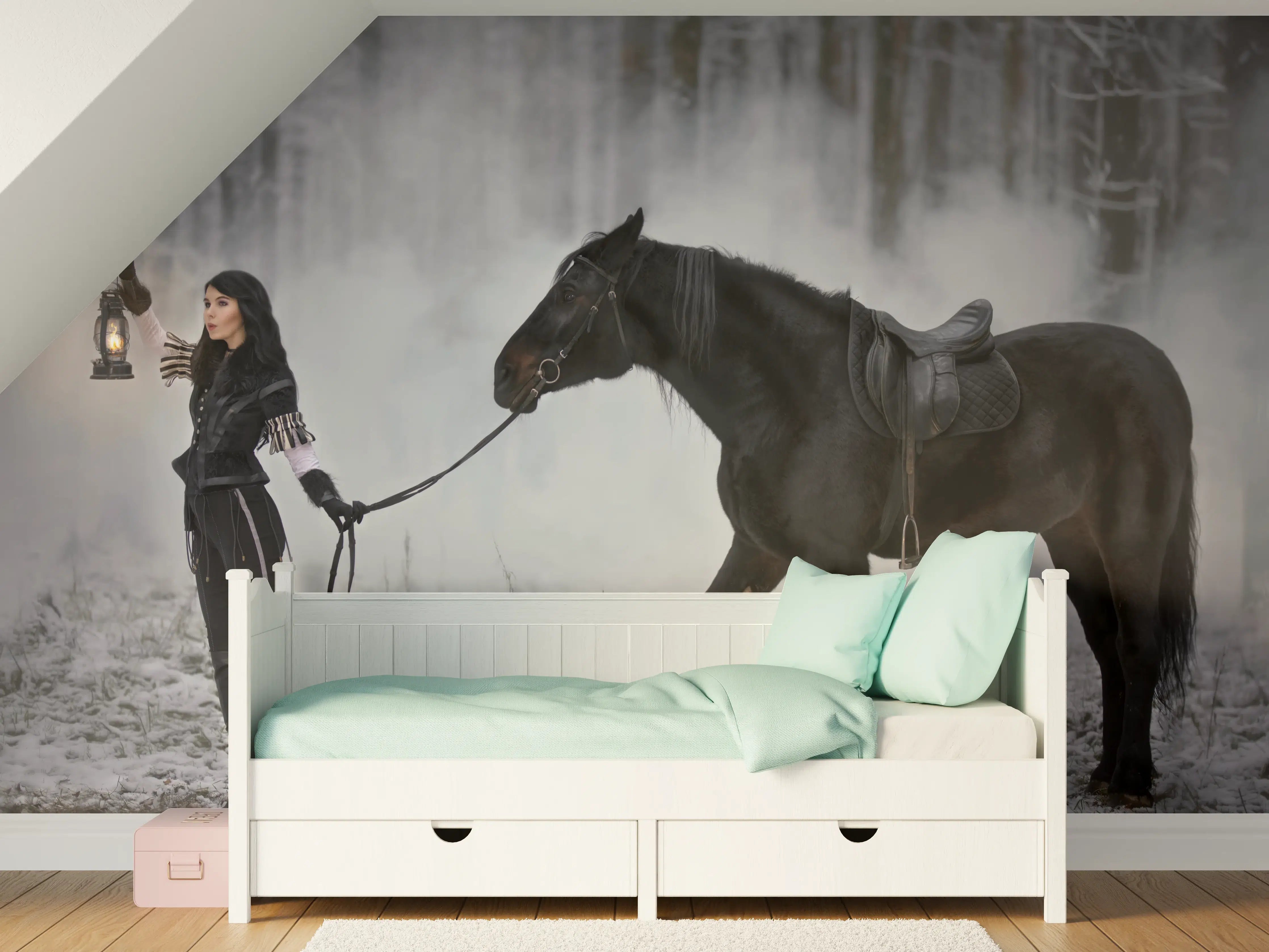 Kinderzimmer Wandgestaltung - Cosplay-Zauberin The Witcher mit Pferd