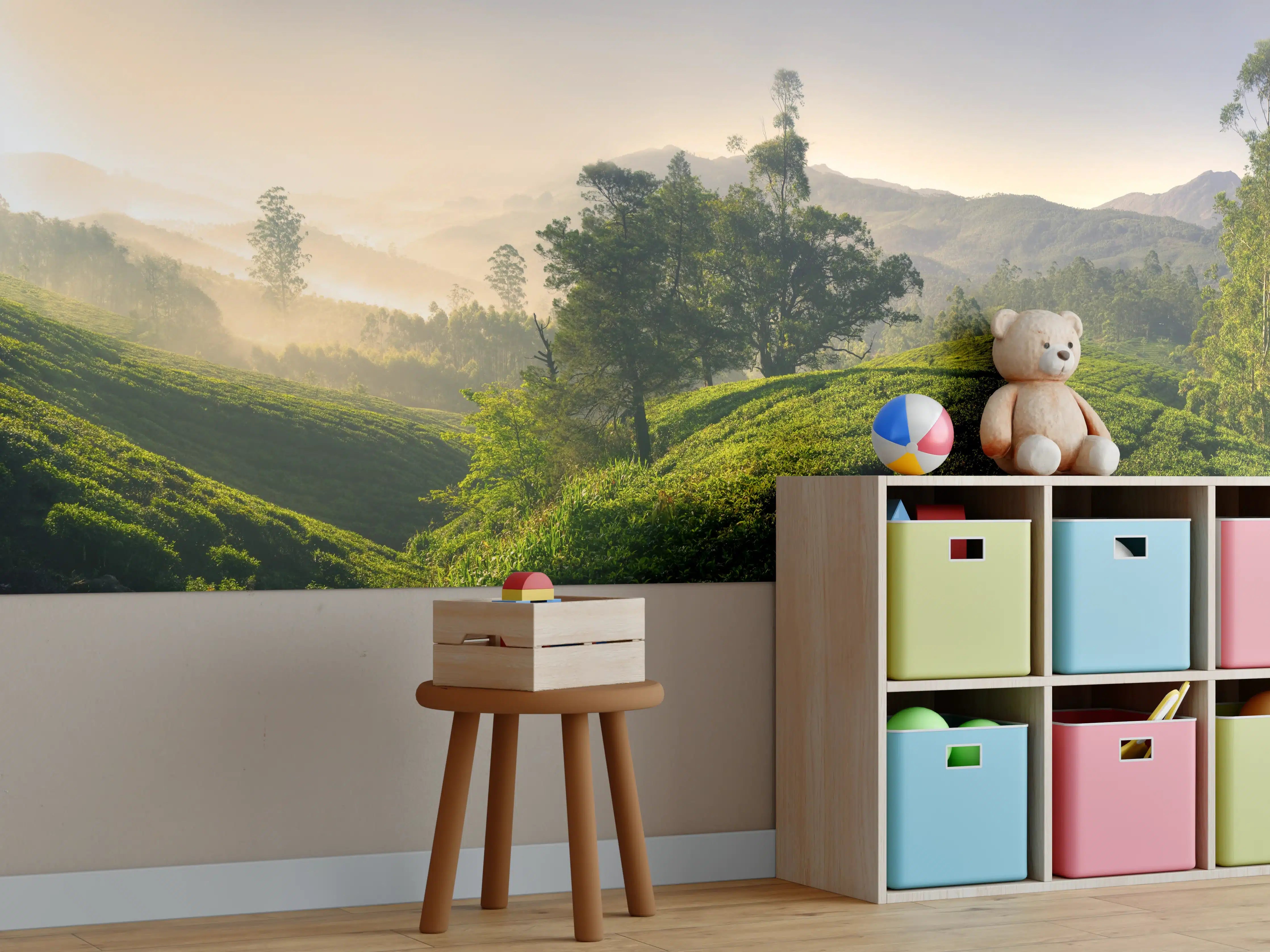 Kinderzimmer Wandgestaltung - Dämmerlandschaft mit Hügeln und Bäumen