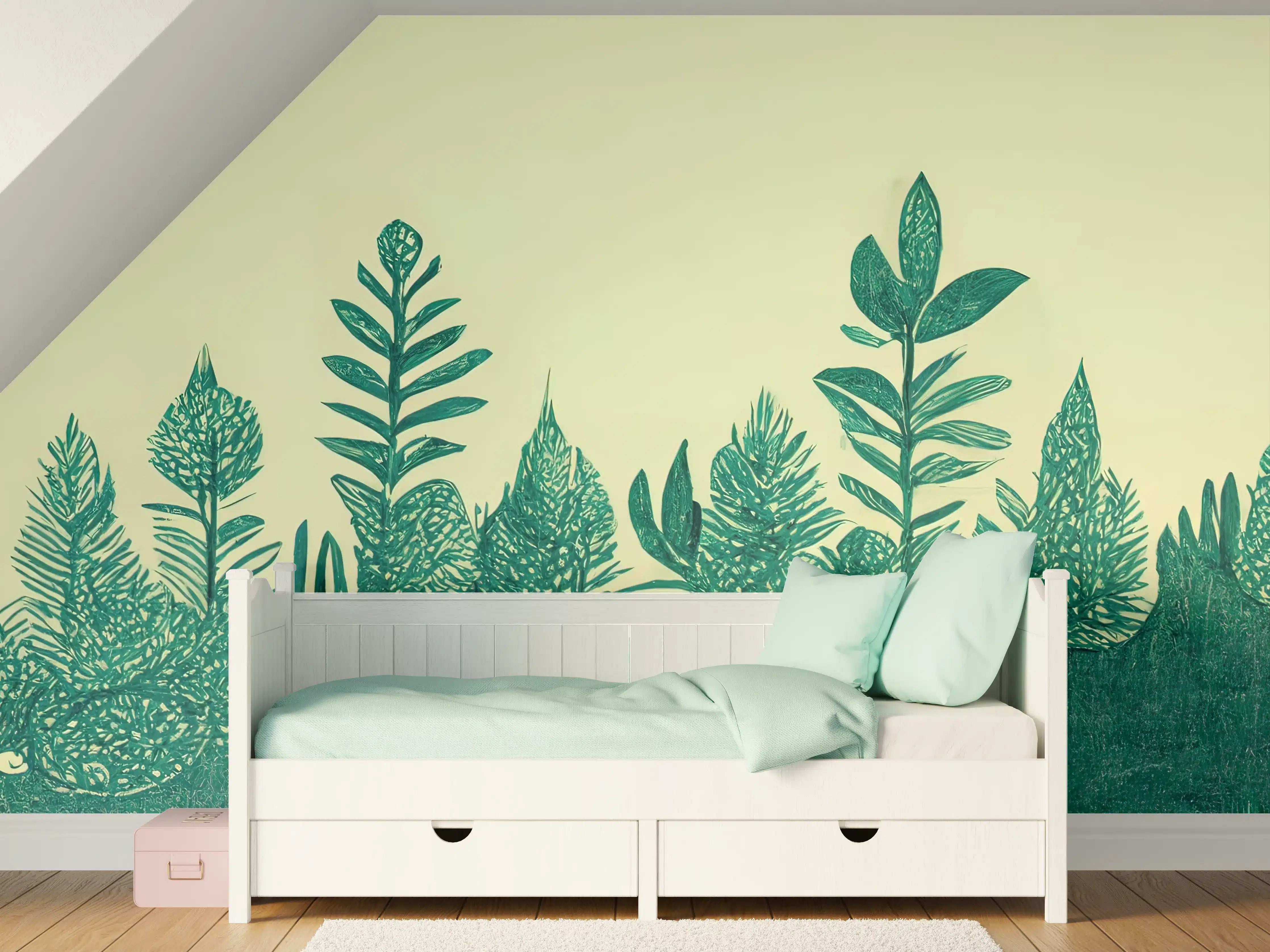 Kinderzimmer Wandgestaltung - Detailliertes Waldmotiv mit grünen Blättern
