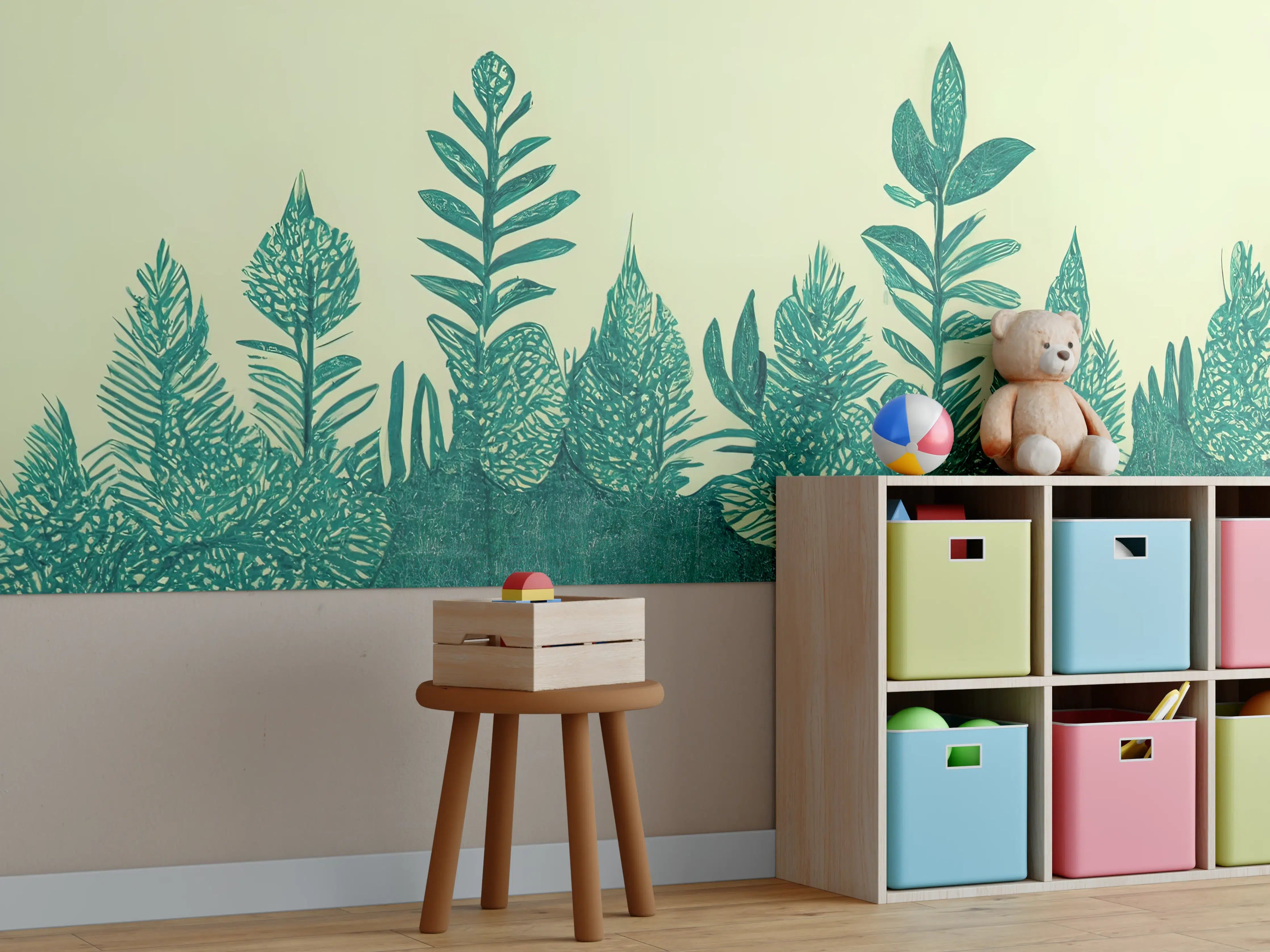 Kinderzimmer Wandgestaltung - Detailliertes Waldmotiv mit grünen Blättern
