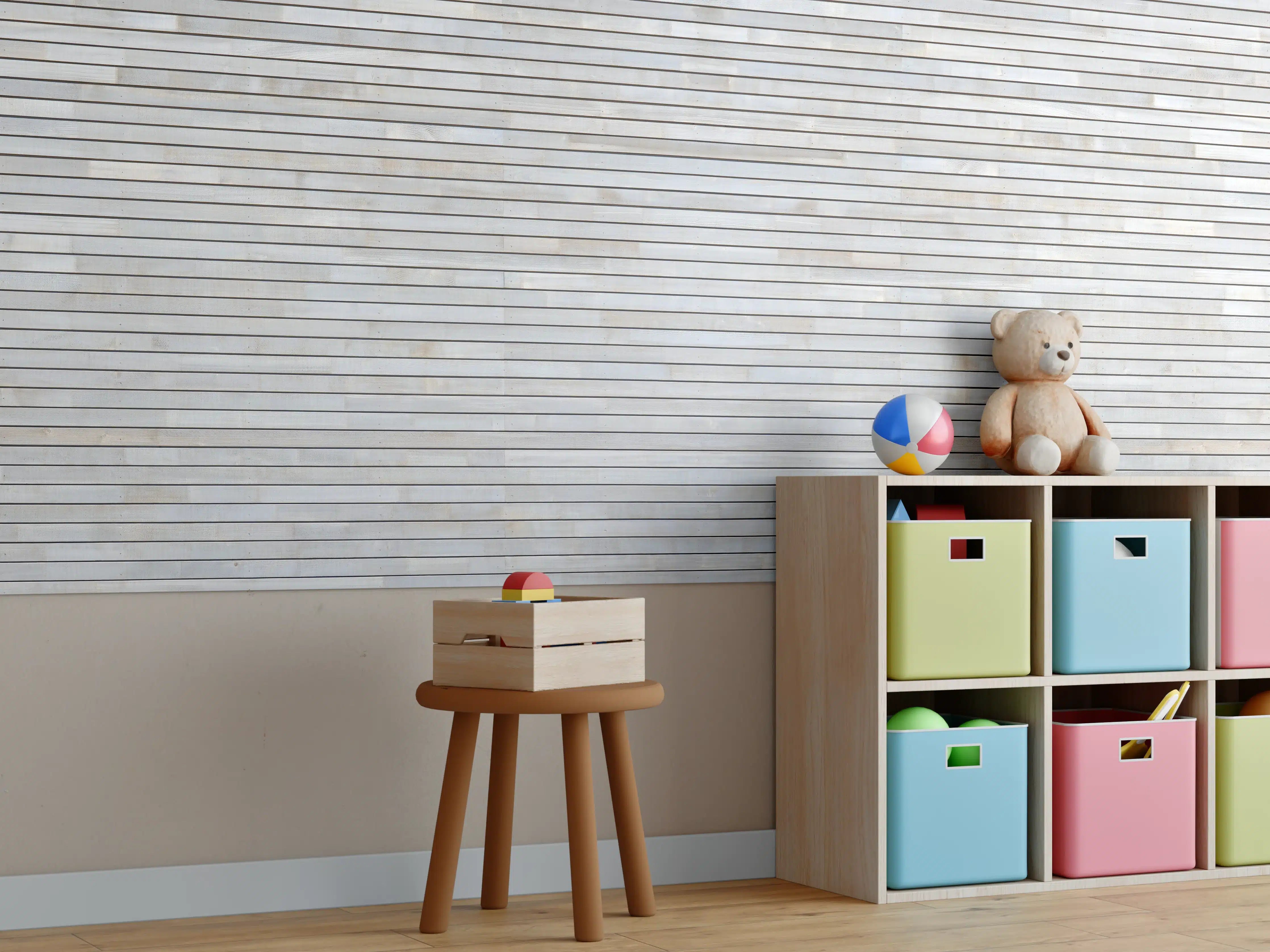 Kinderzimmer Wandgestaltung - Dezente Holzstruktur in hellen Tönen