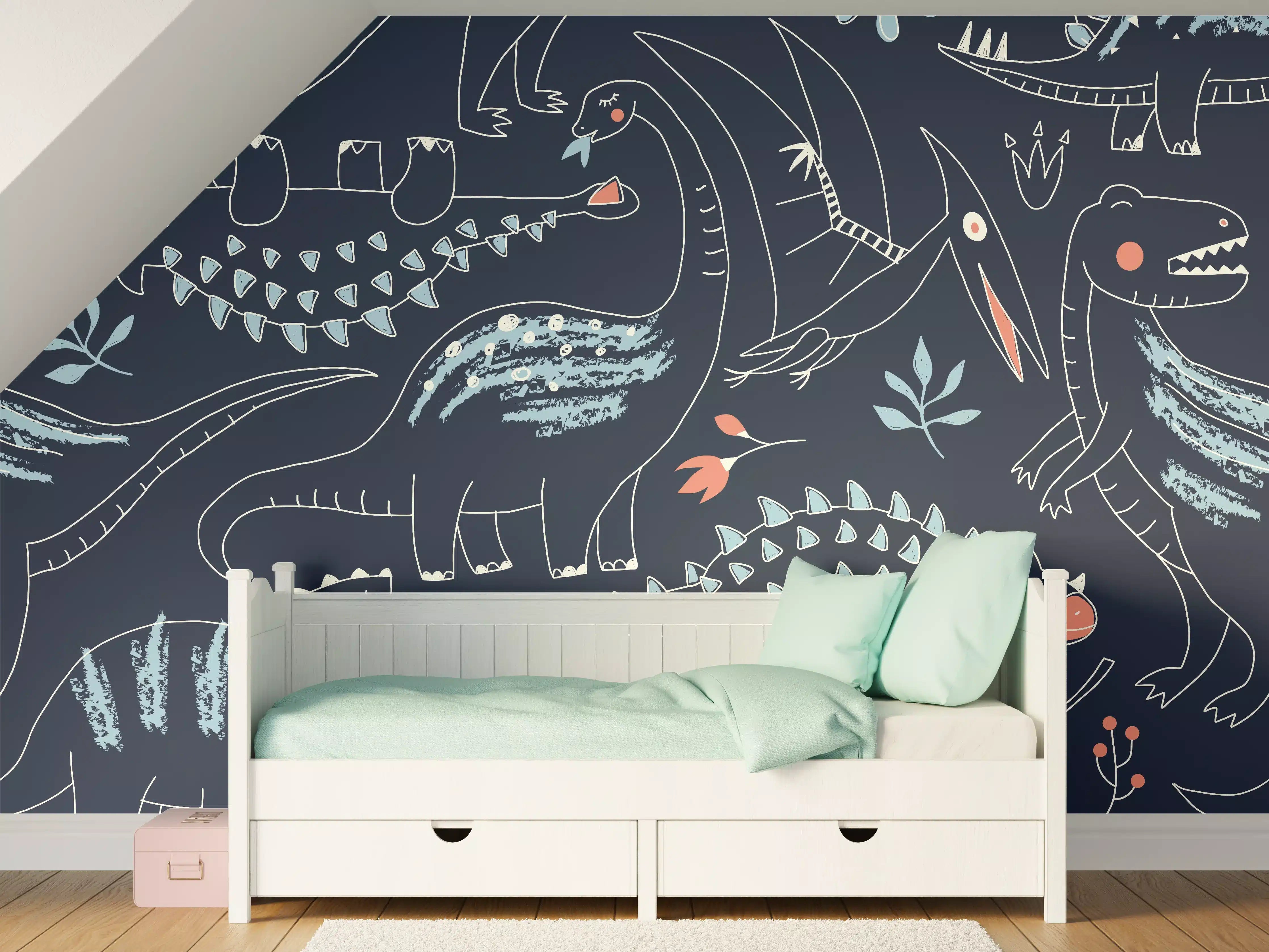 Kinderzimmer Wandgestaltung - Dinosaurier-Muster in Dunkelblau und Koralle