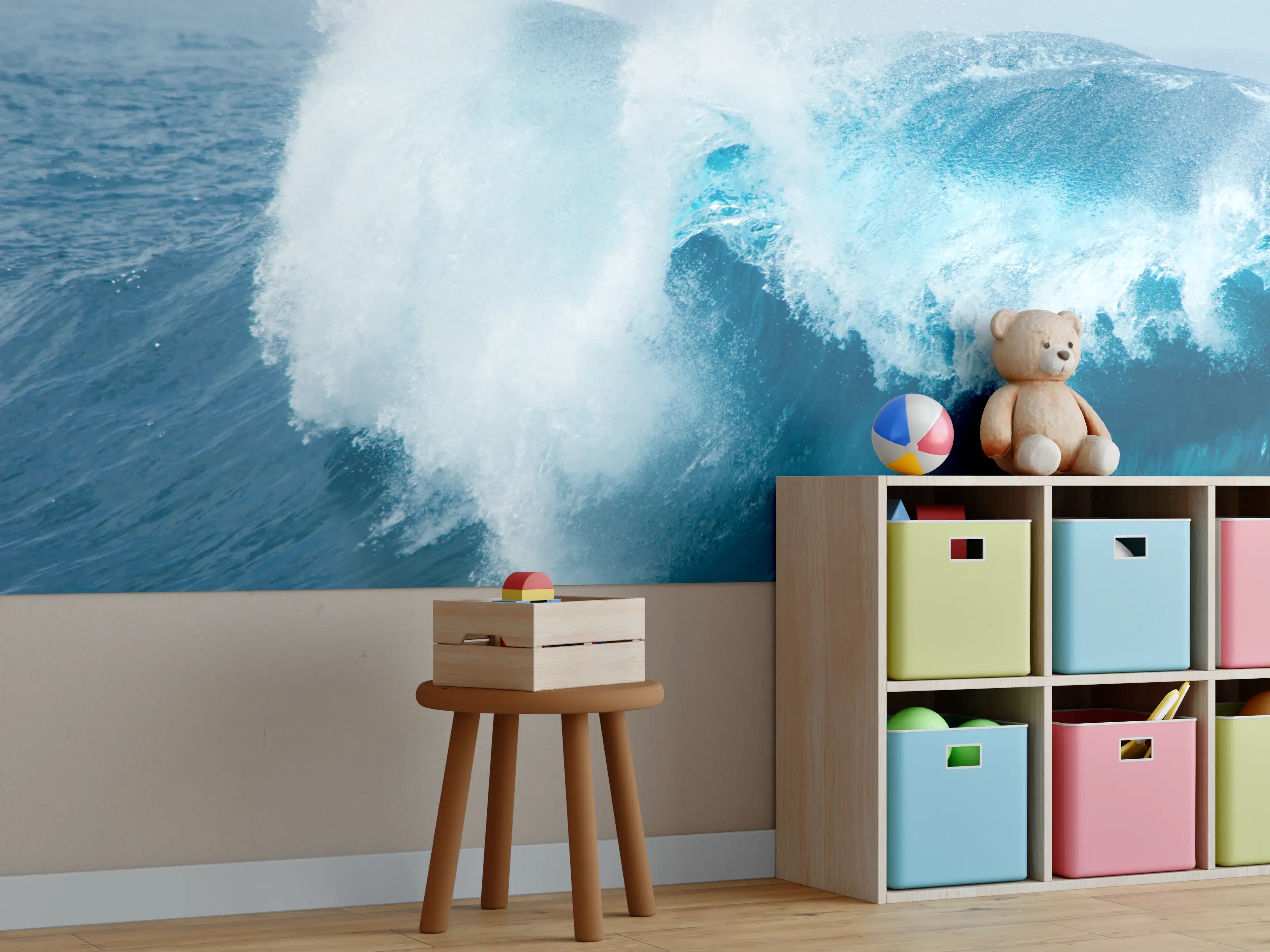 Kinderzimmer Wandgestaltung - Dramatische Meereswelle in Blau und Weiß