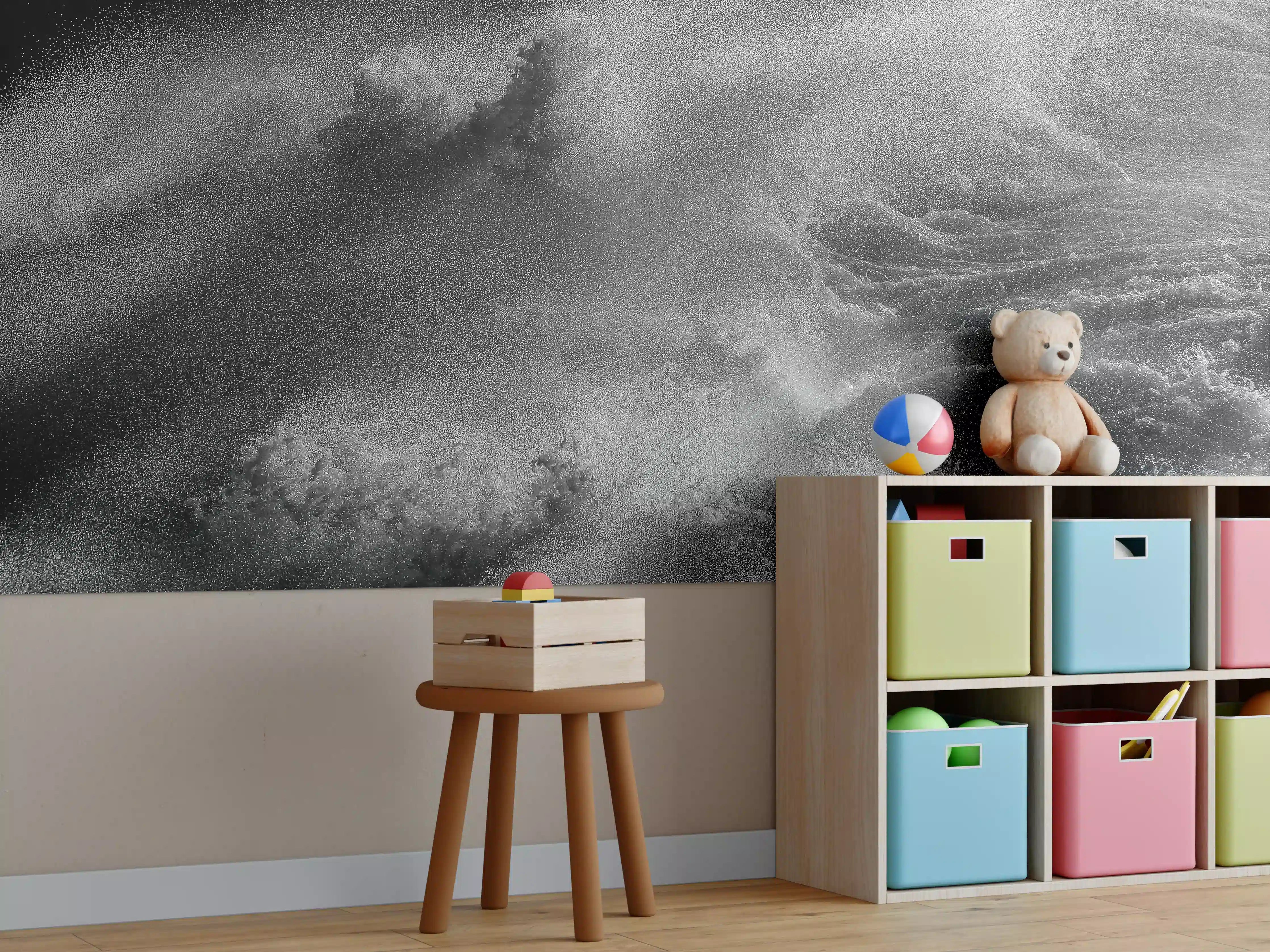 Kinderzimmer Wandgestaltung - Dramatische Meereswellen monochrom