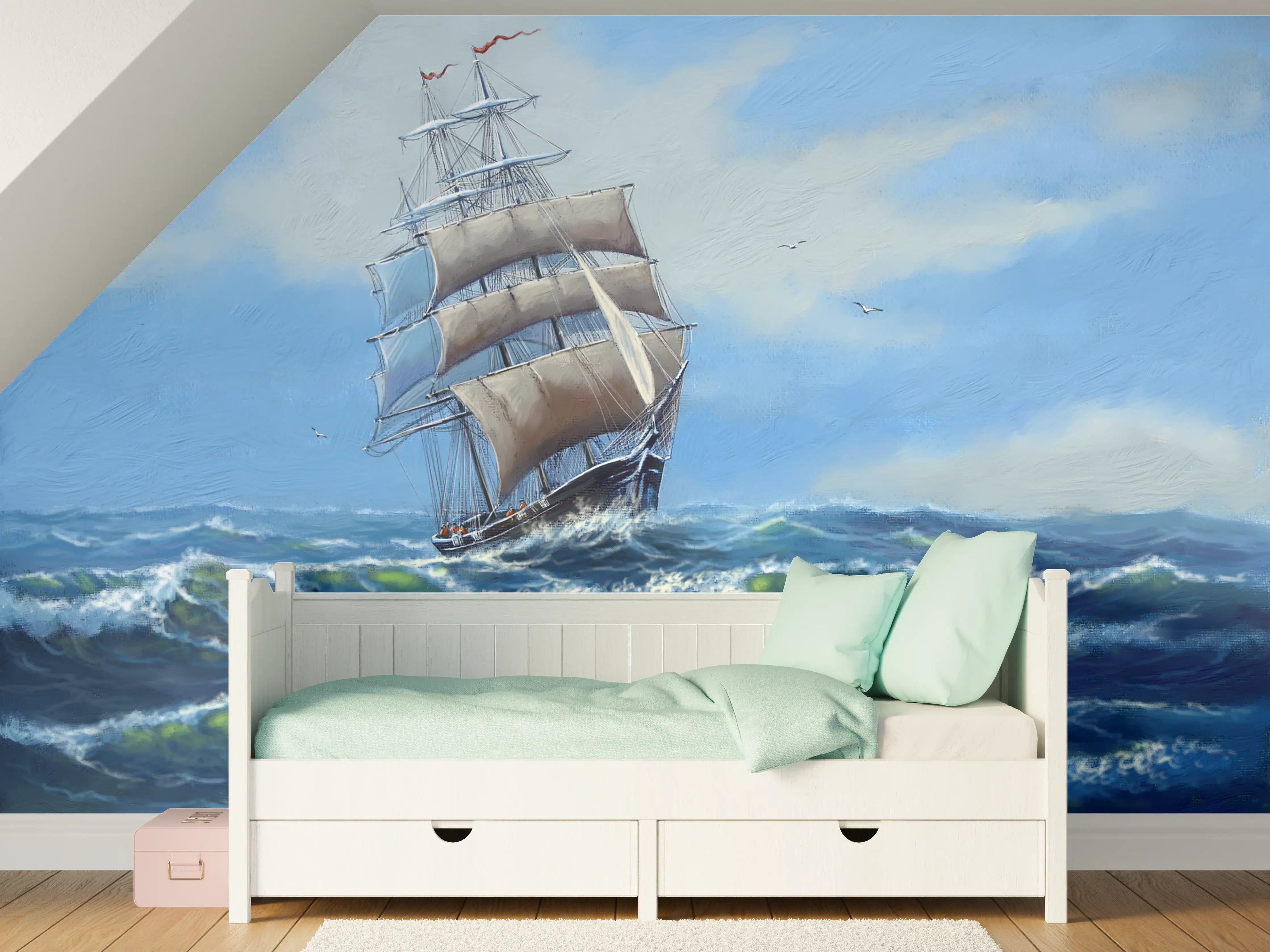 Kinderzimmer Wandgestaltung - Dramatisches Segelschiff auf rauer See