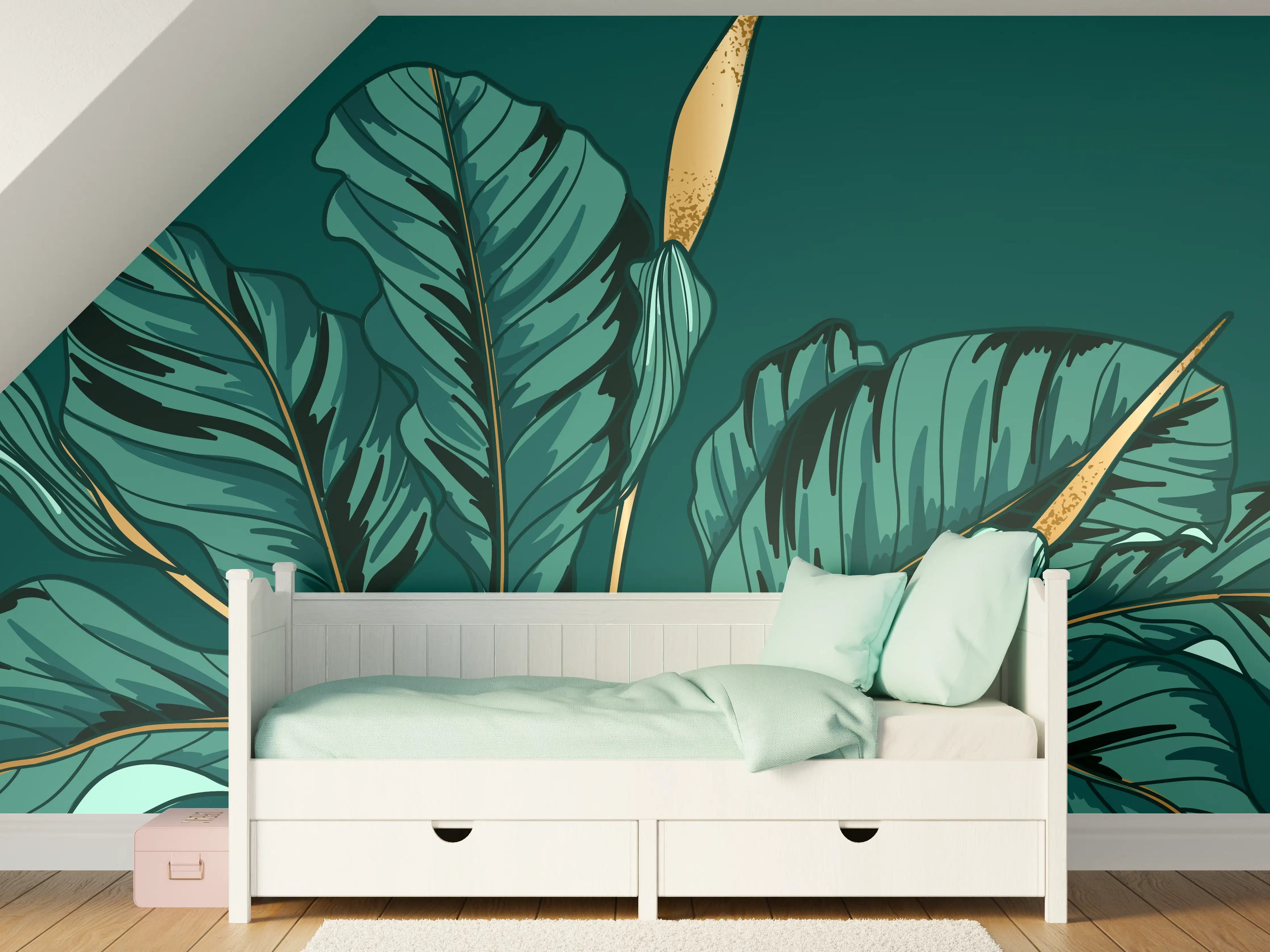 Kinderzimmer Wandgestaltung - Dschungel-Grün-Blatt-Design