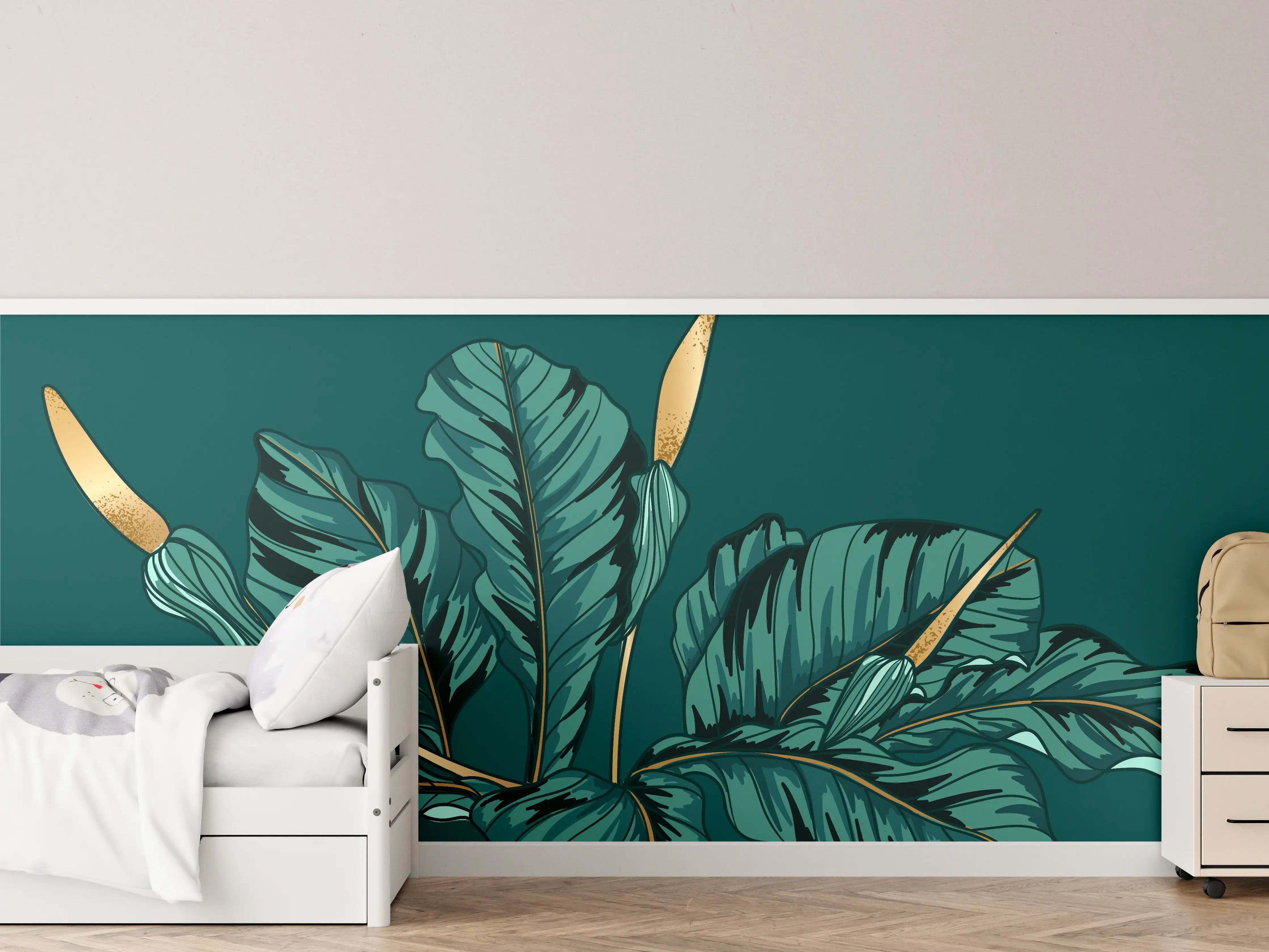 Kinderzimmer Wandgestaltung - Dschungel-Grün-Blatt-Design