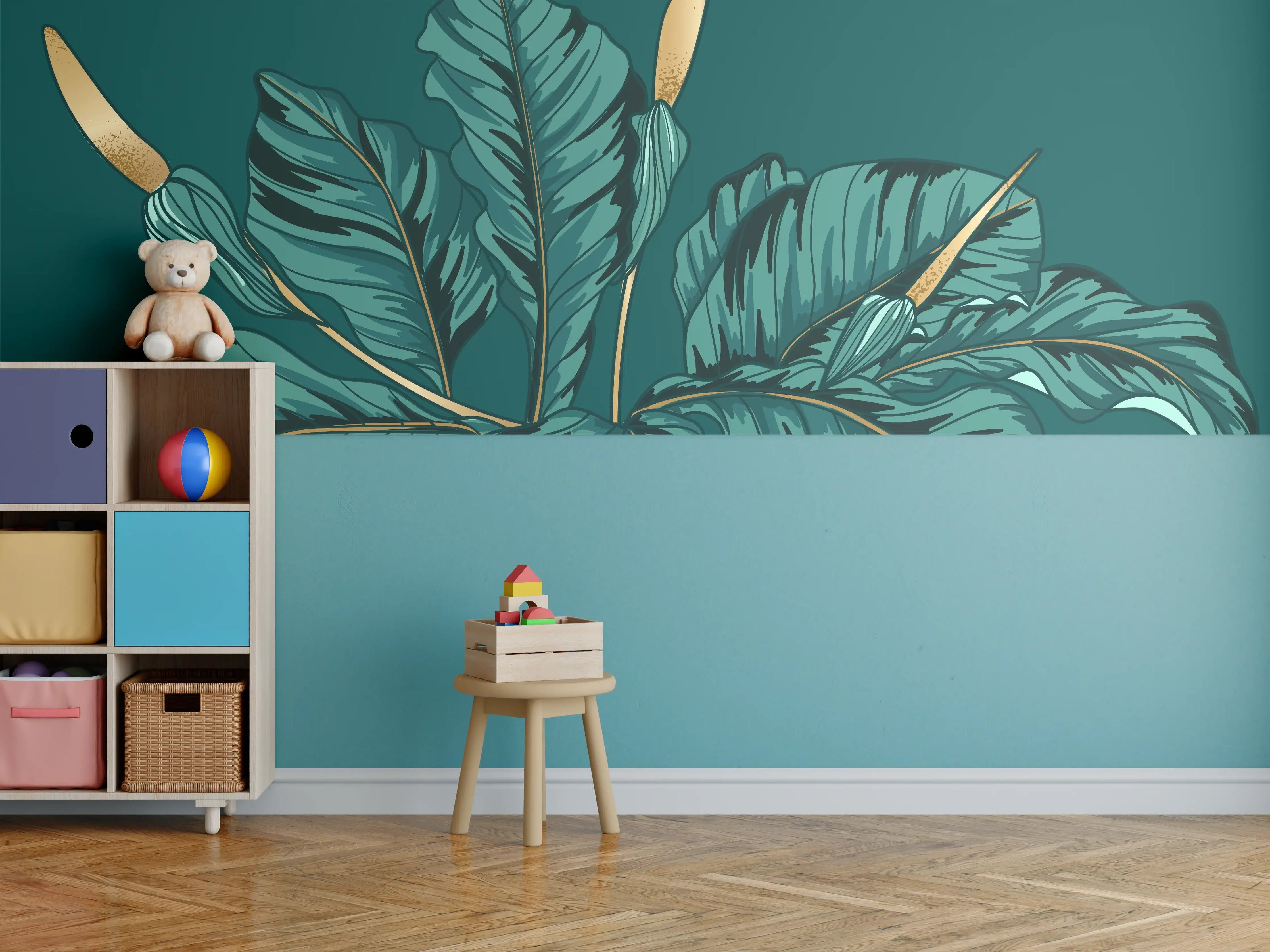 Kinderzimmer Wandgestaltung - Dschungel-Grün-Blatt-Design