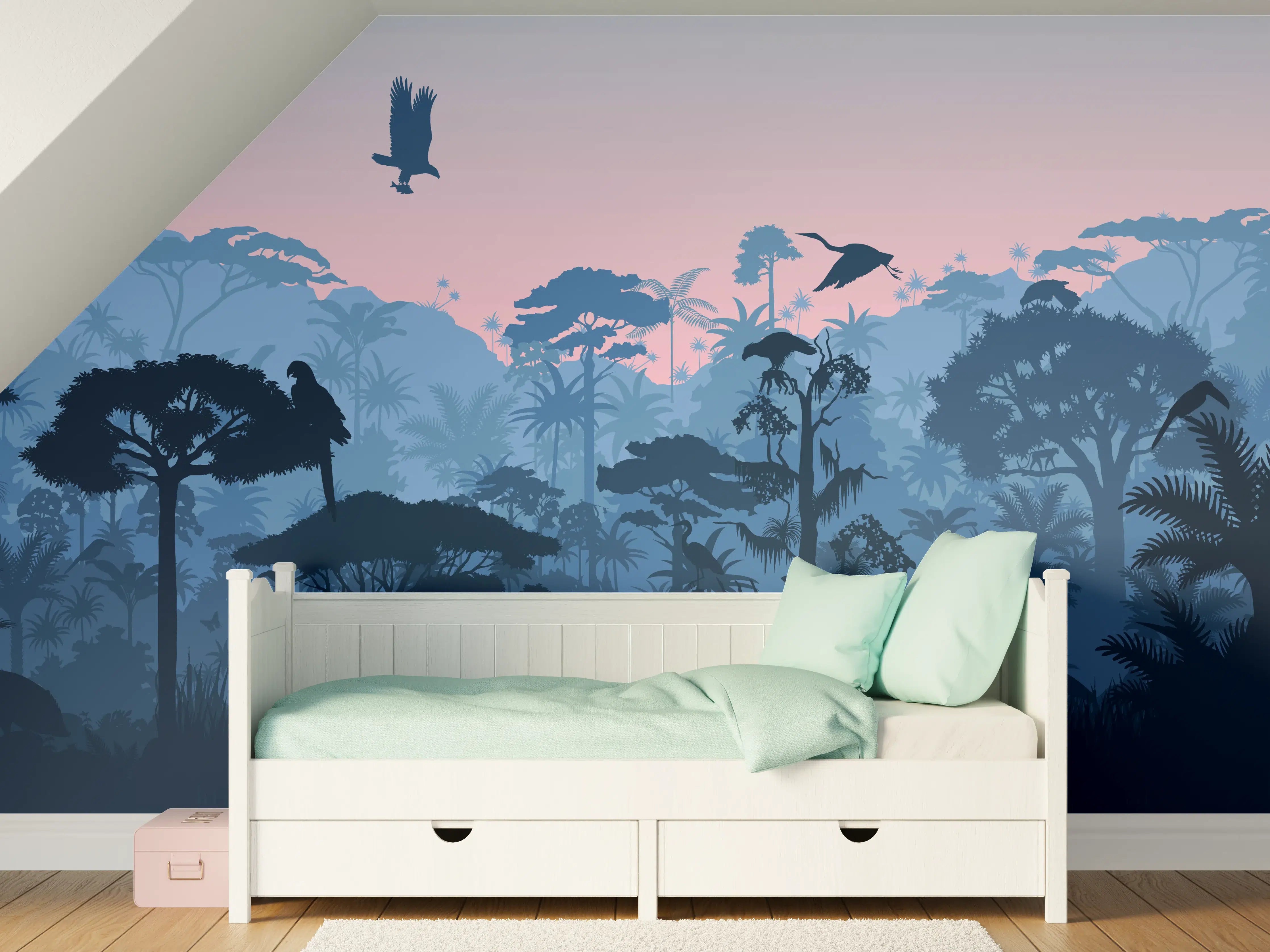 Kinderzimmer Wandgestaltung - Dschungel Silhouette bei Dämmerung