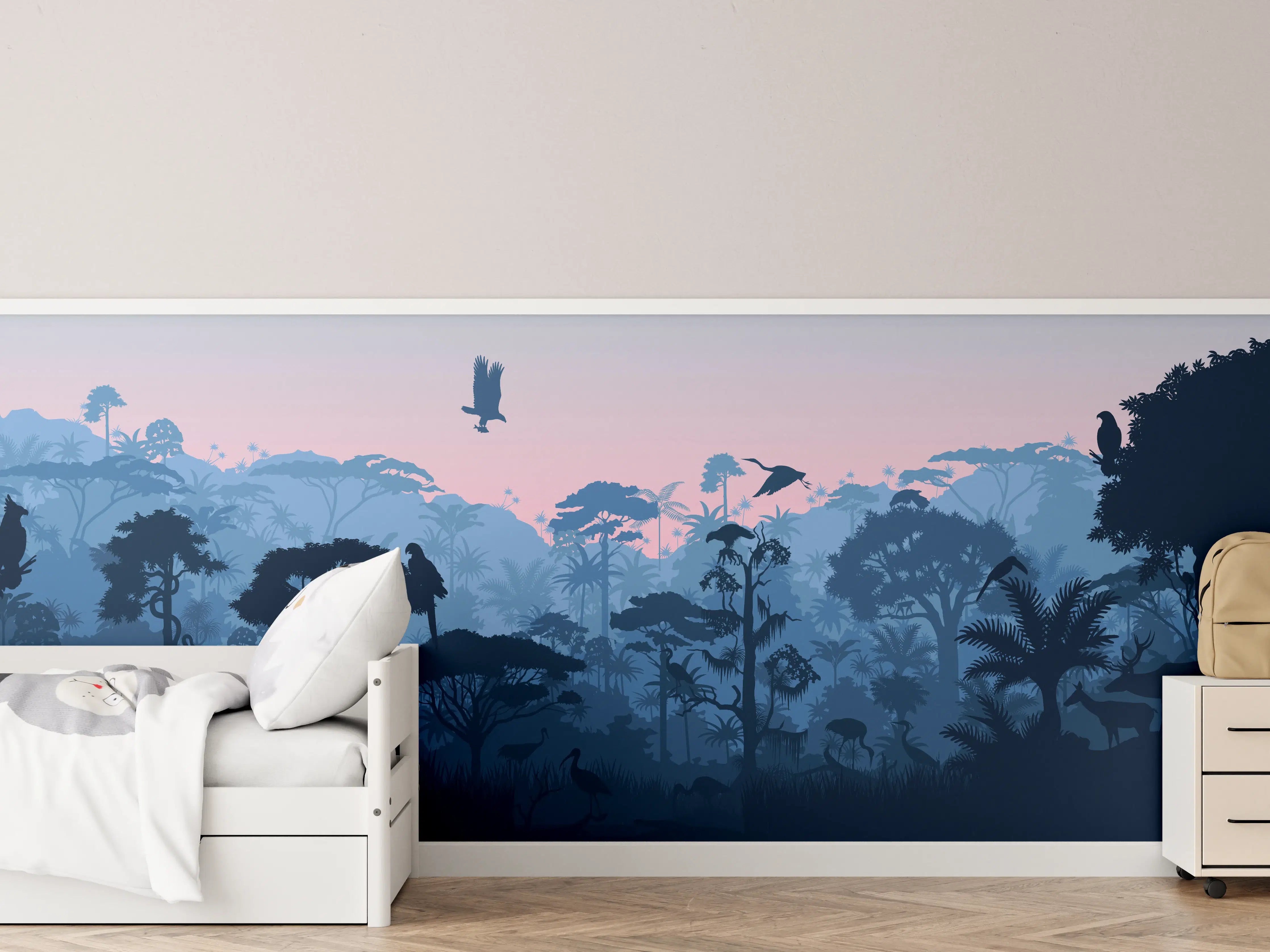 Kinderzimmer Wandgestaltung - Dschungel Silhouette bei Dämmerung