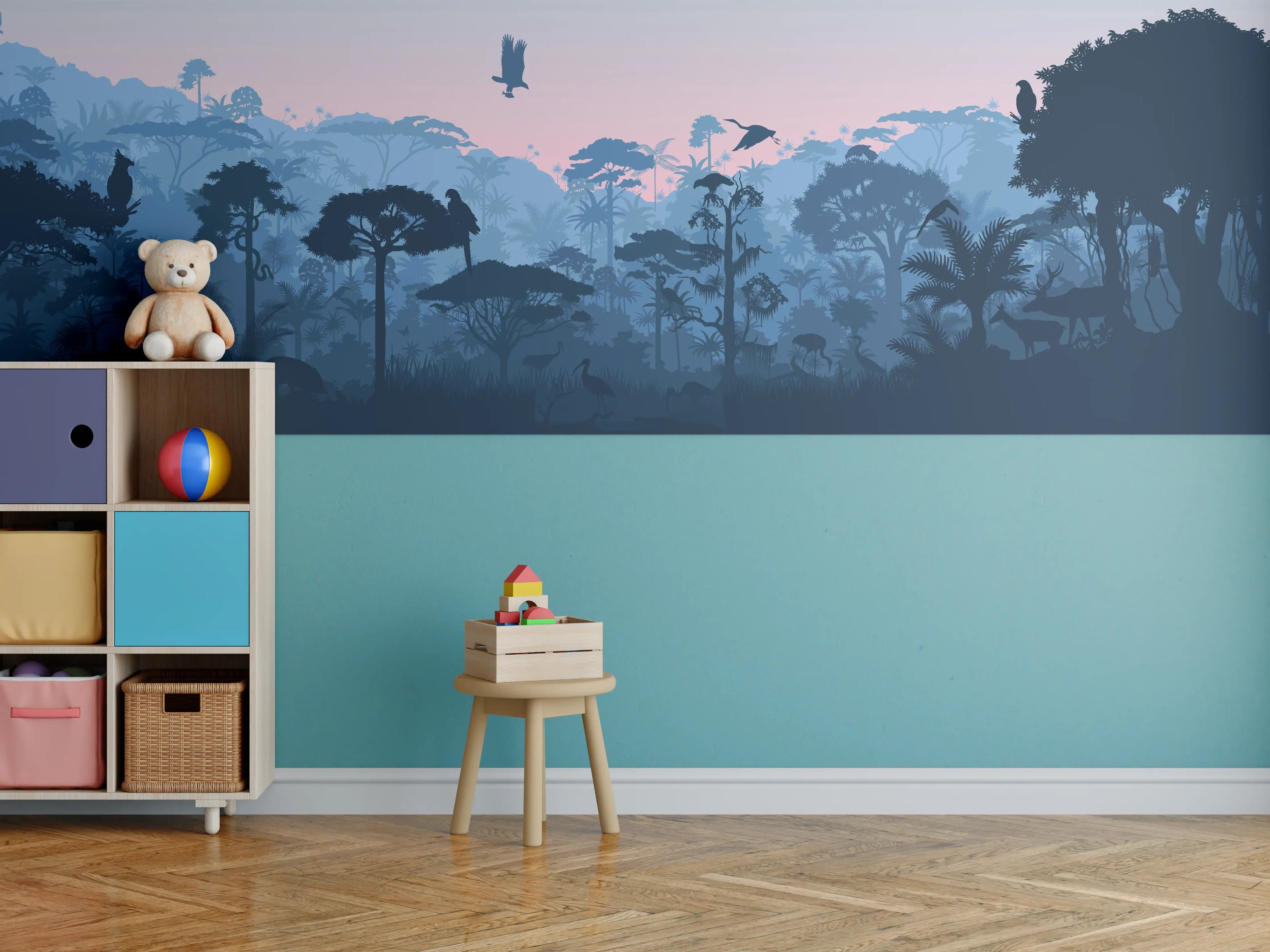 Kinderzimmer Wandgestaltung - Dschungel Silhouette bei Dämmerung