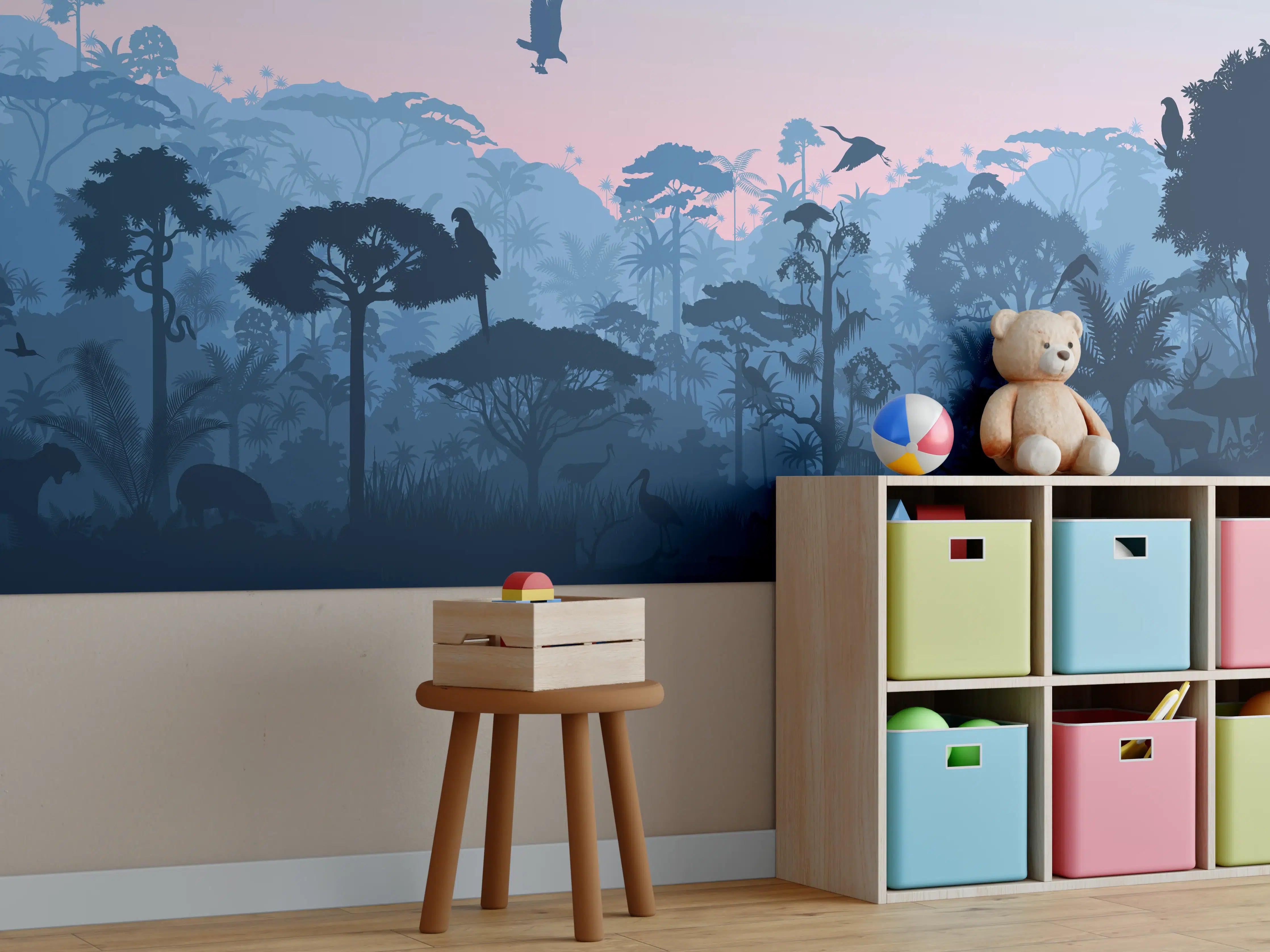 Kinderzimmer Wandgestaltung - Dschungel Silhouette bei Dämmerung