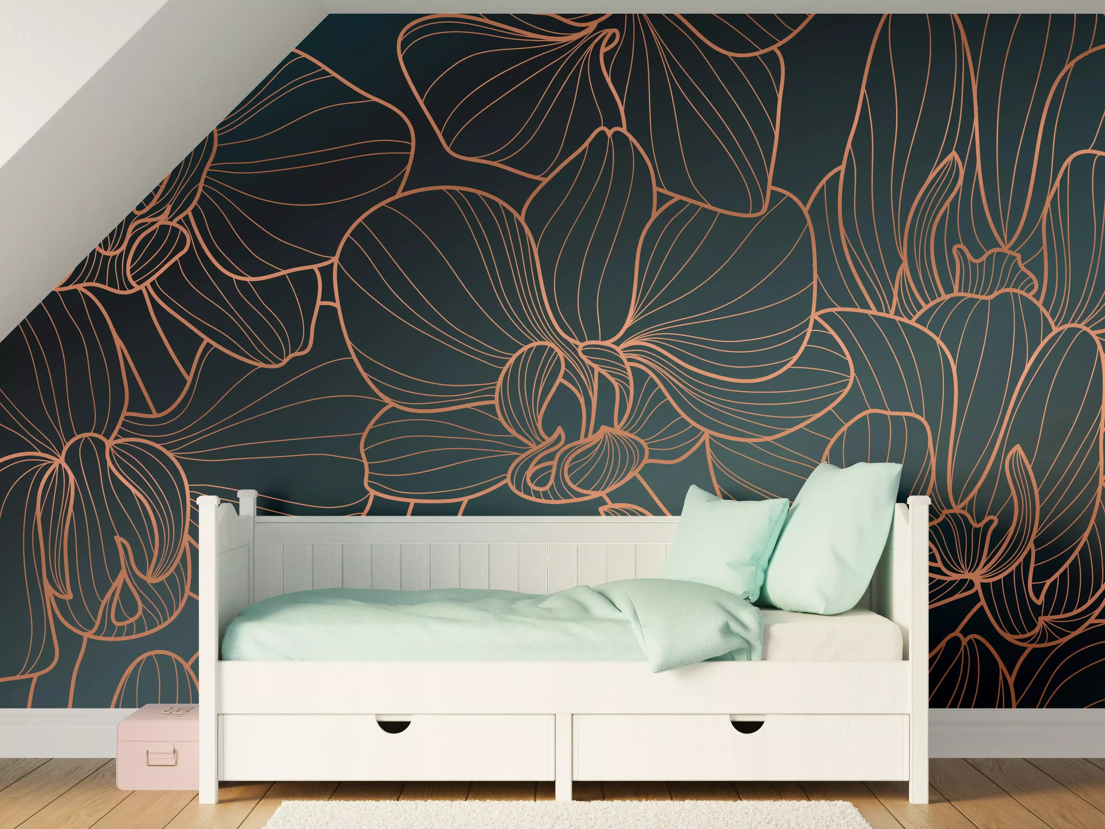 Kinderzimmer Wandgestaltung - Dunkelblaue Floral Linien Kunst
