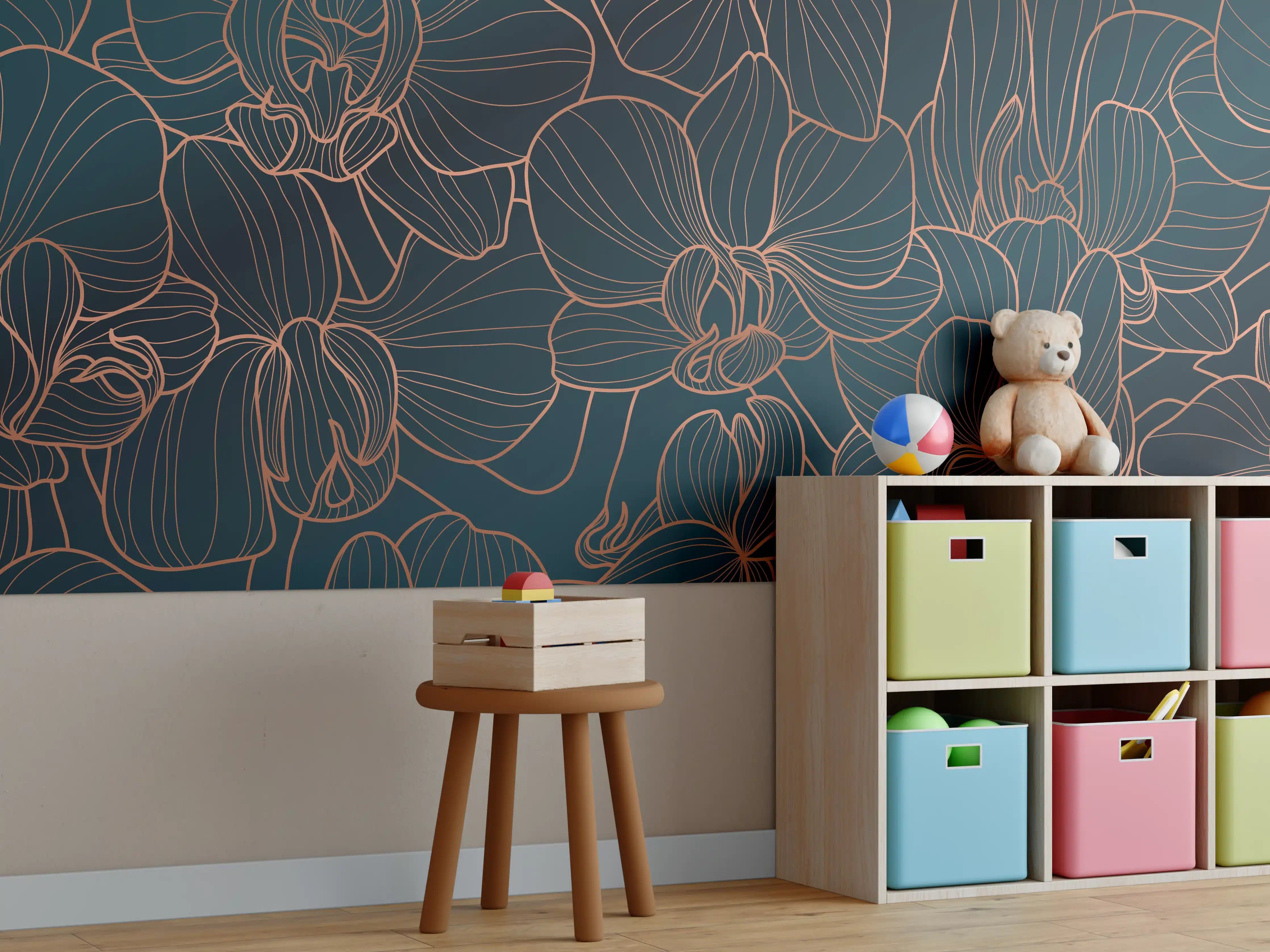 Kinderzimmer Wandgestaltung - Dunkelblaue Floral Linien Kunst