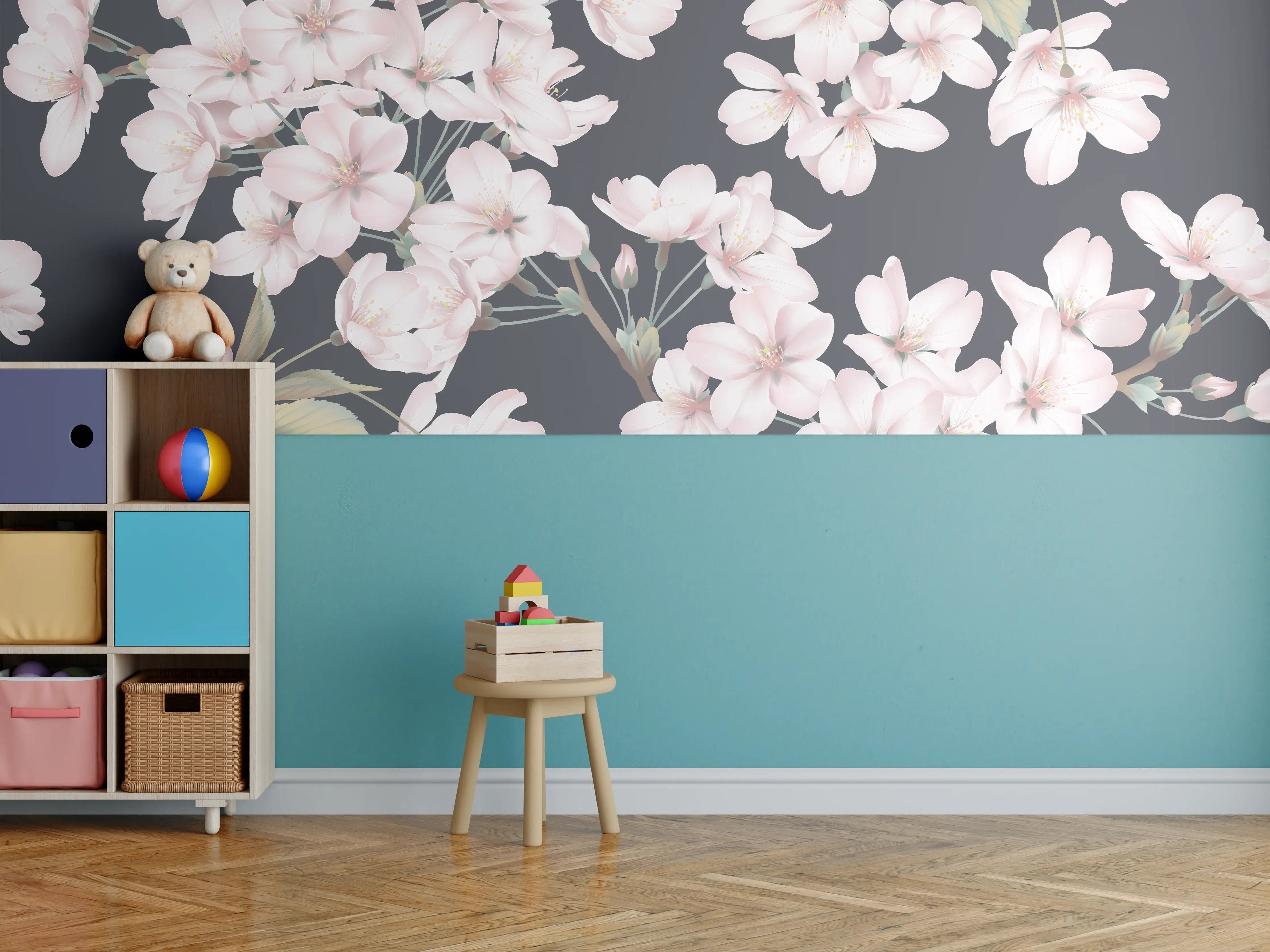 Kinderzimmer Wandgestaltung - Dunkelgrau-Sakura-Musterdesign