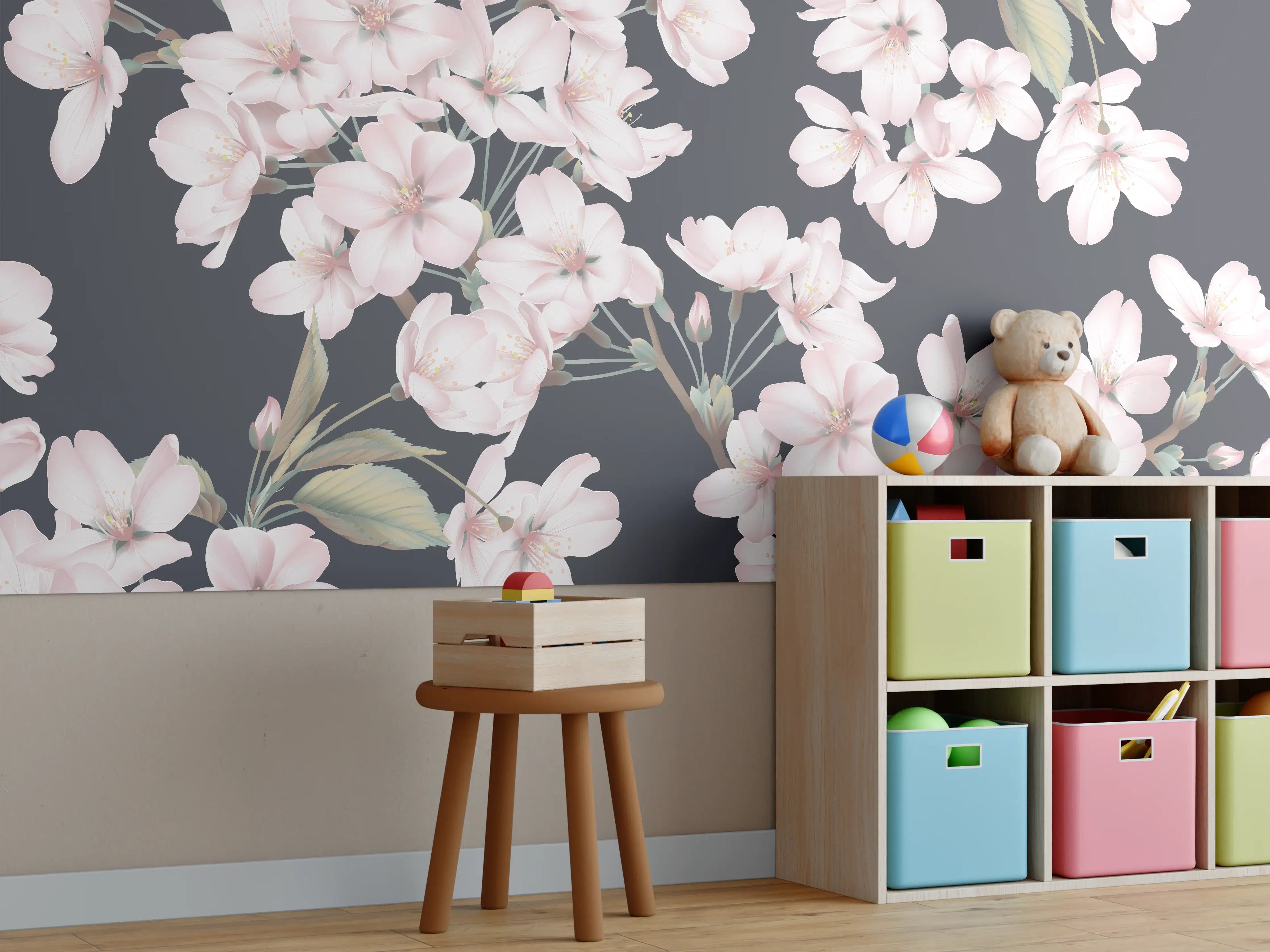 Kinderzimmer Wandgestaltung - Dunkelgrau-Sakura-Musterdesign