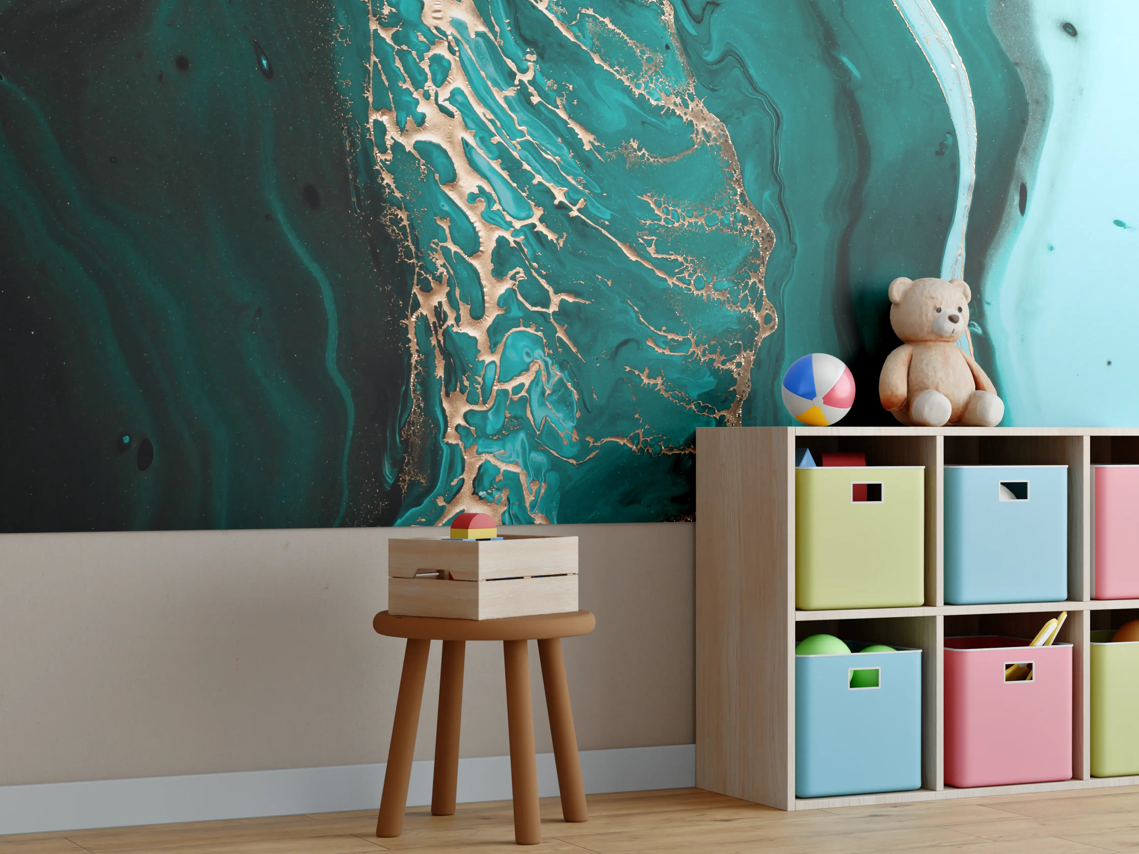 Kinderzimmer Wandgestaltung - Dunkelgrün Goldene Meerestextur