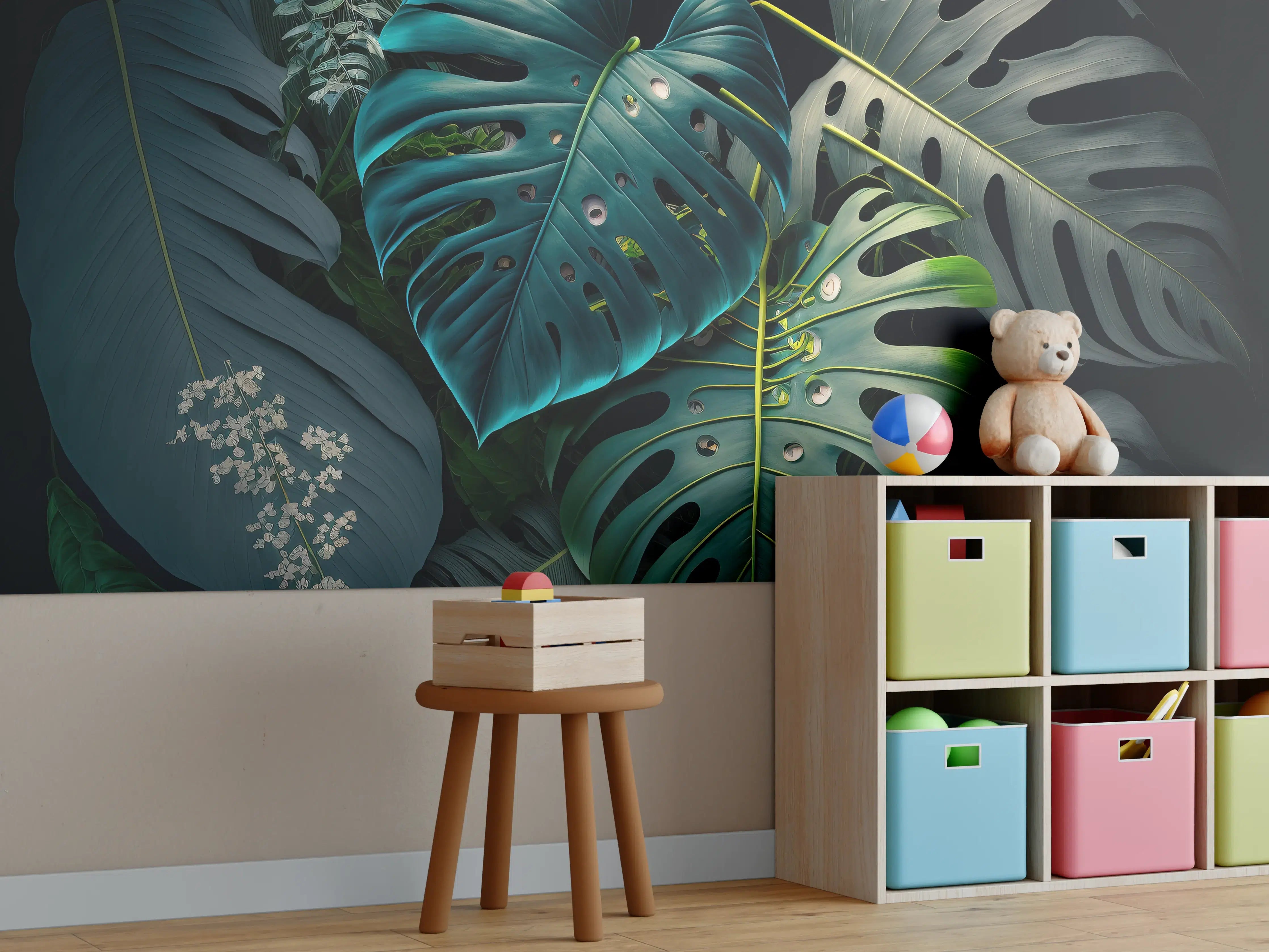 Kinderzimmer Wandgestaltung - Dunkelgrüne tropische Blätter auf schwarzem Hintergrund