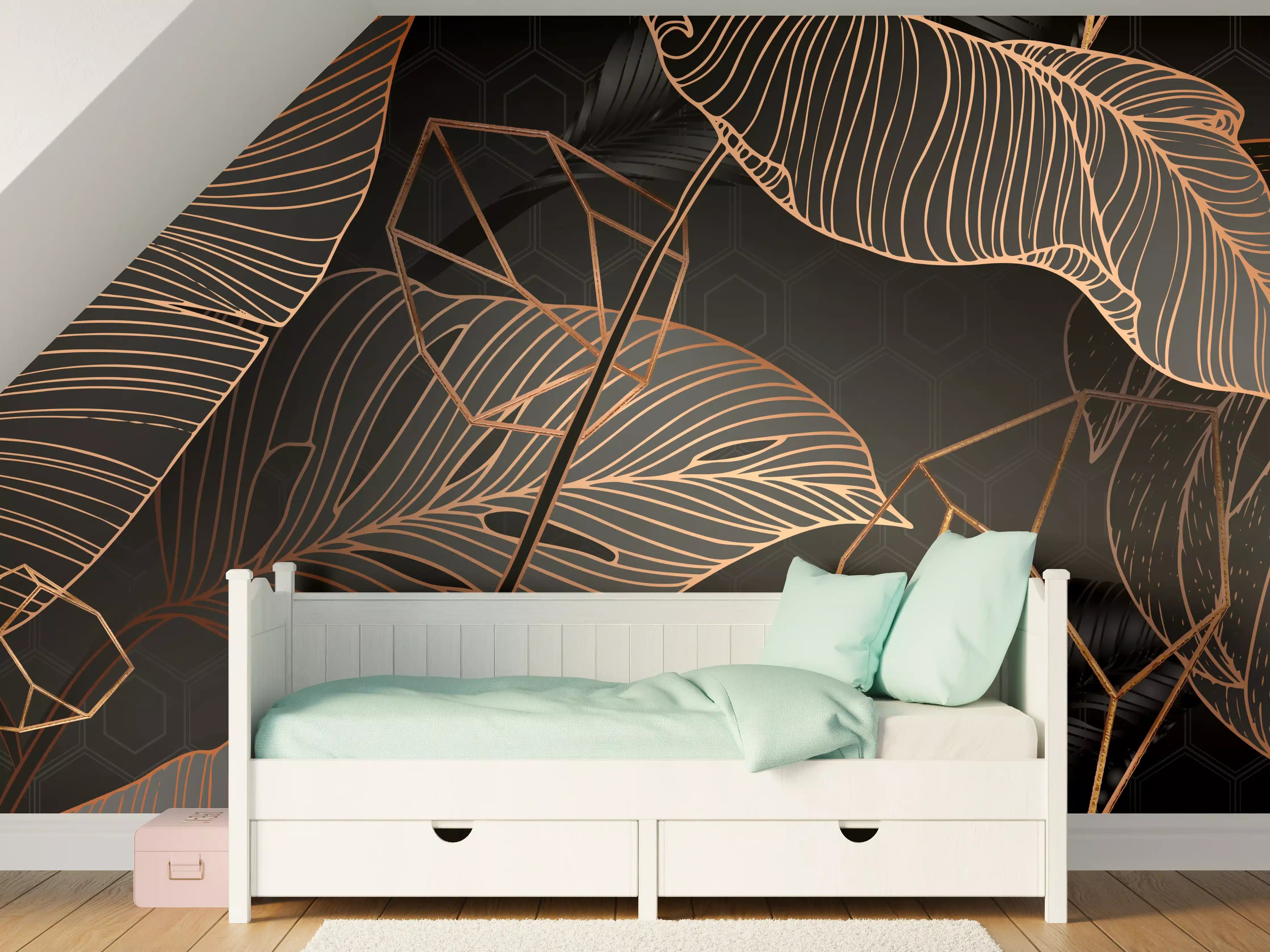 Kinderzimmer Wandgestaltung - Dunkle Blätter mit goldenen Linien