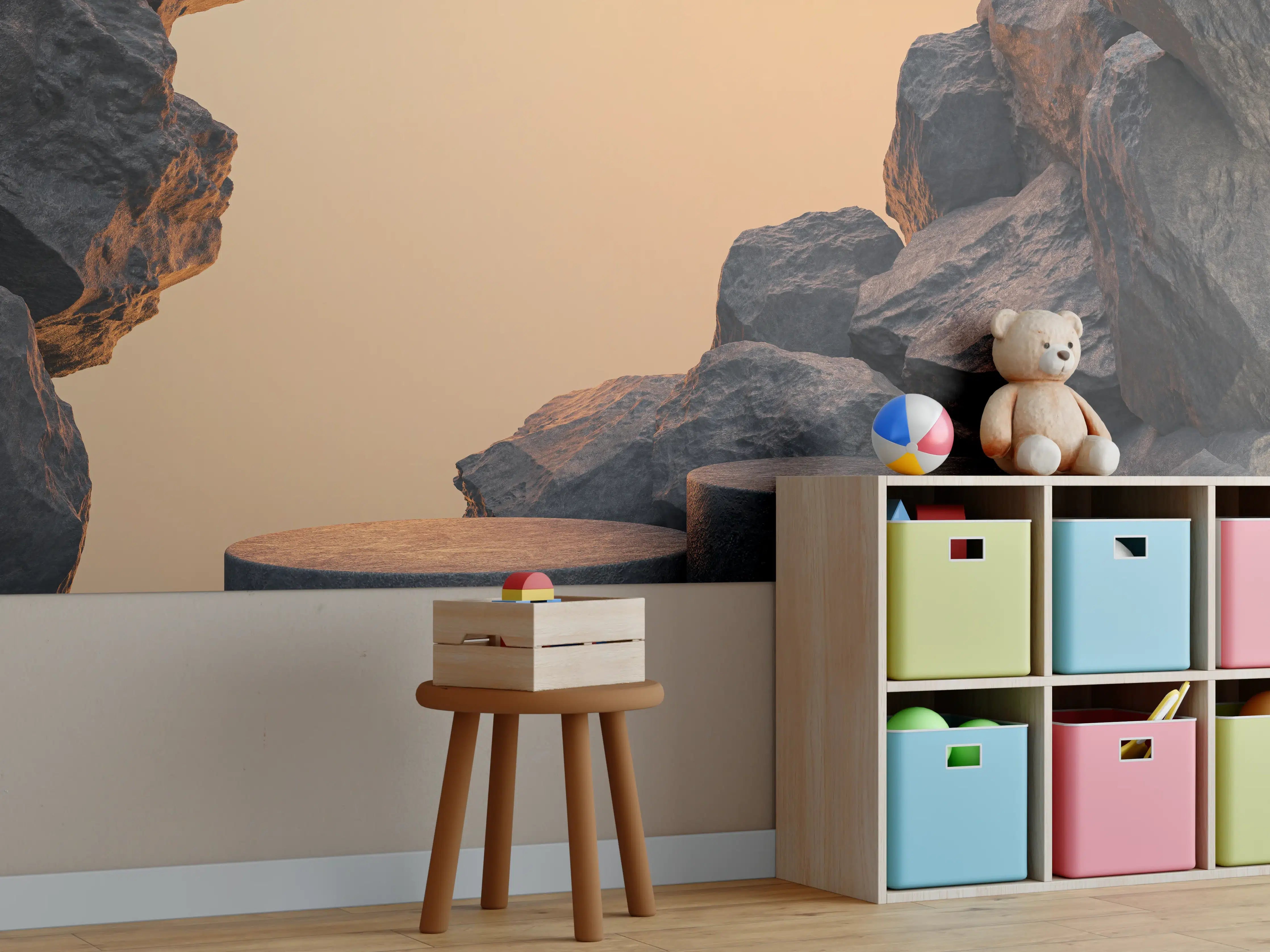 Kinderzimmer Wandgestaltung - Dunkle Felsenlandschaft bei Sonnenuntergang