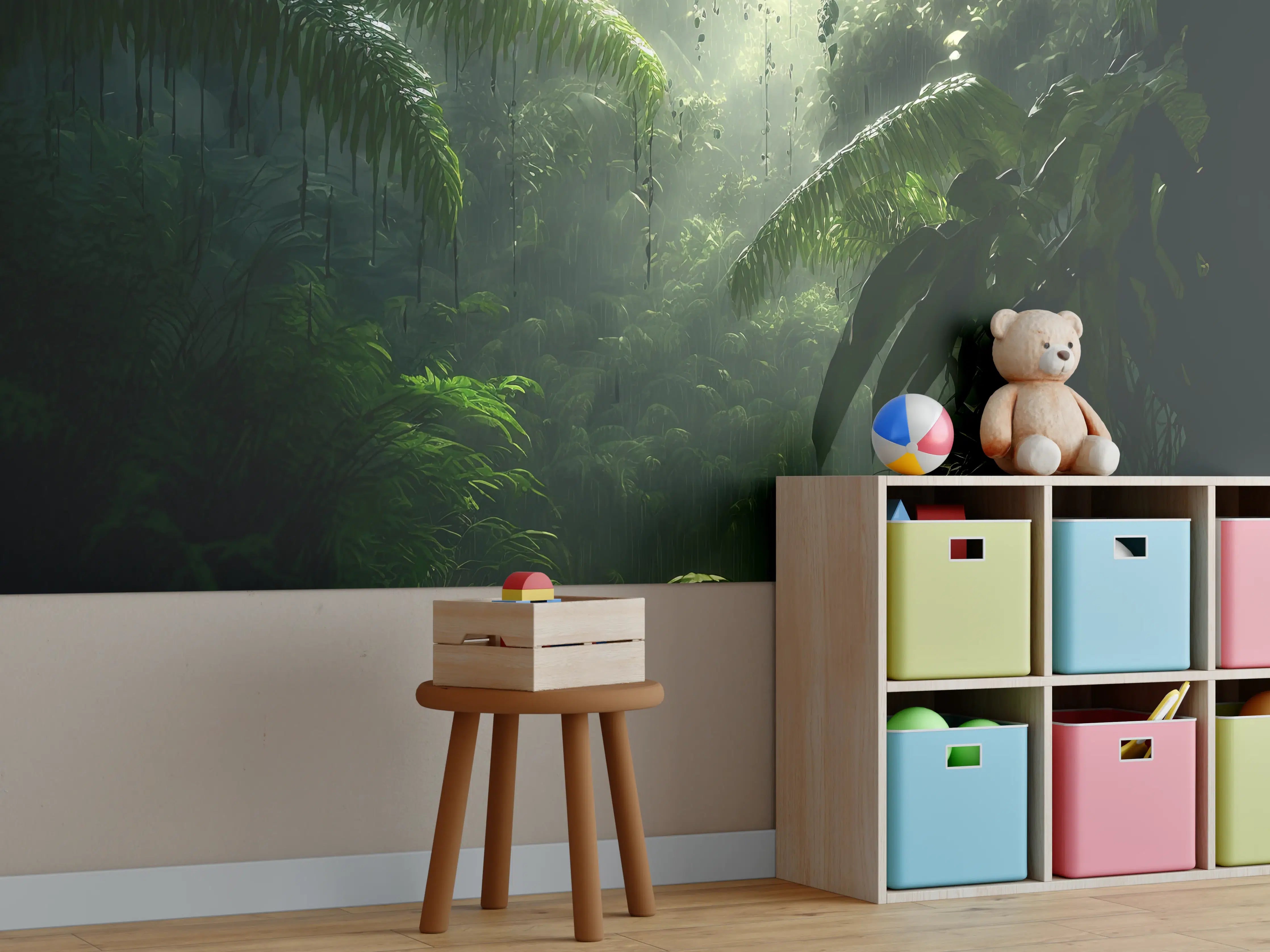 Kinderzimmer Wandgestaltung - Dunkler tropischer Wald im Regen