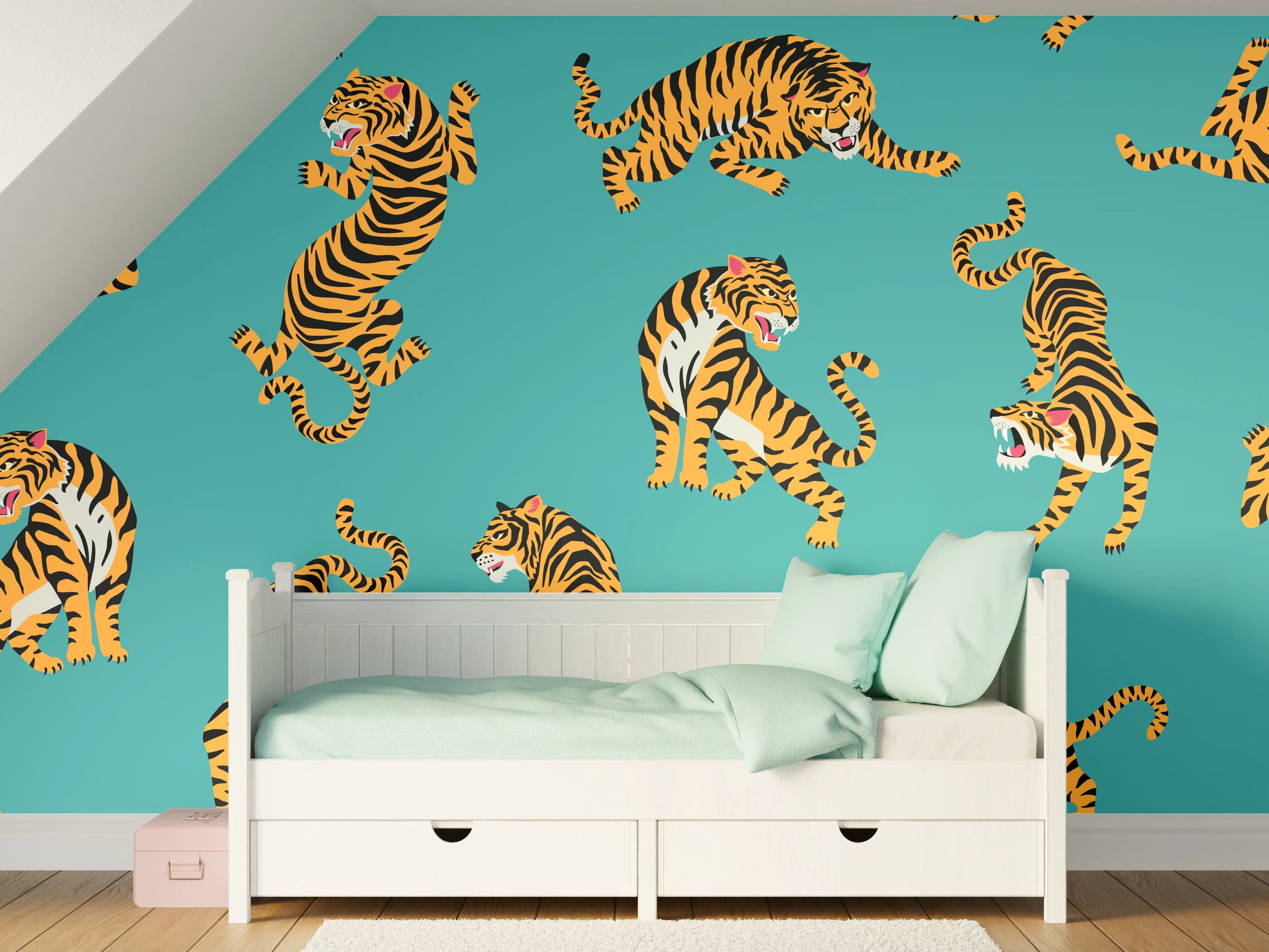 Kinderzimmer Wandgestaltung - Dynamische Tiger-Illustration auf Türkis