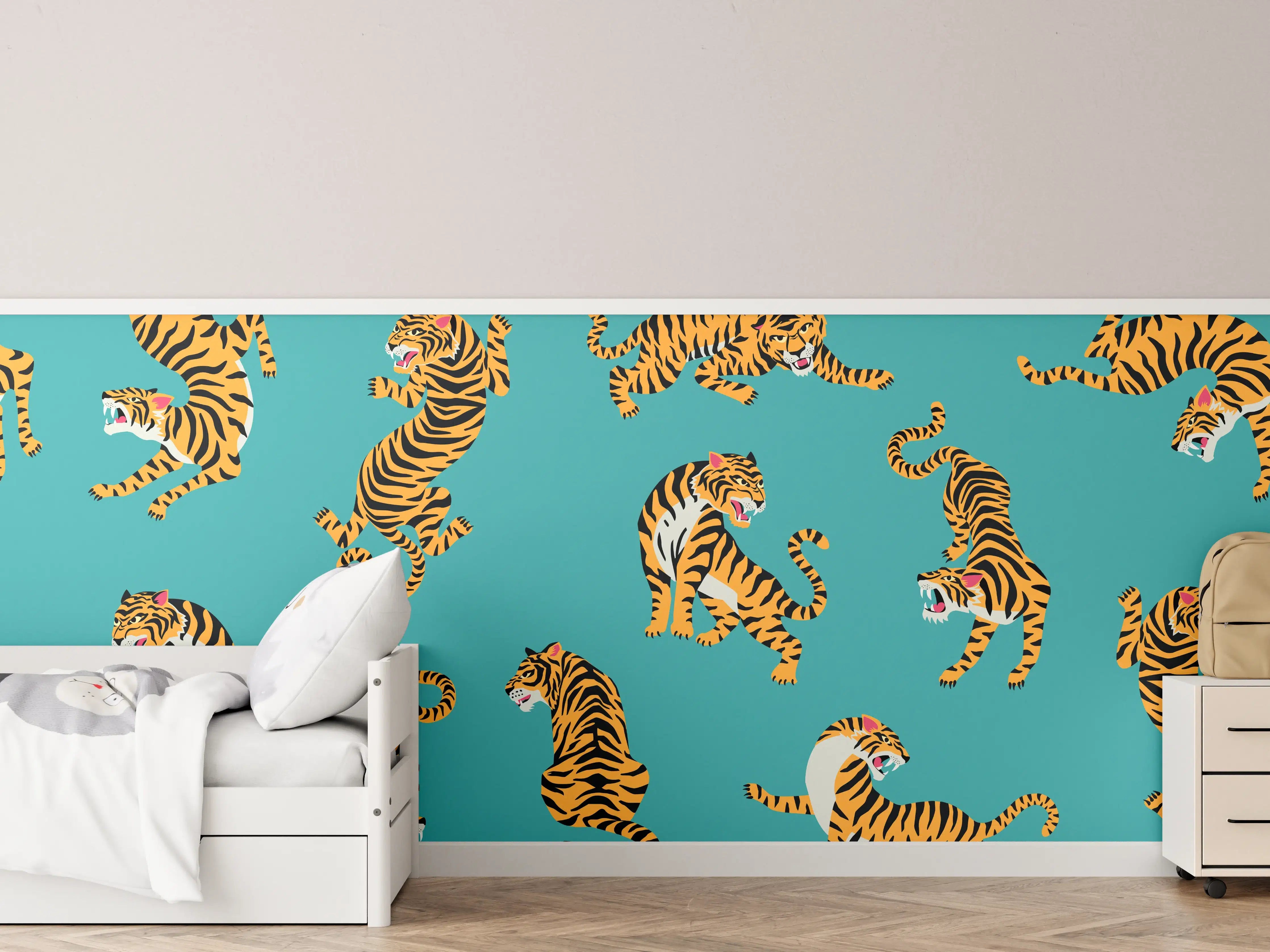 Kinderzimmer Wandgestaltung - Dynamische Tiger-Illustration auf Türkis
