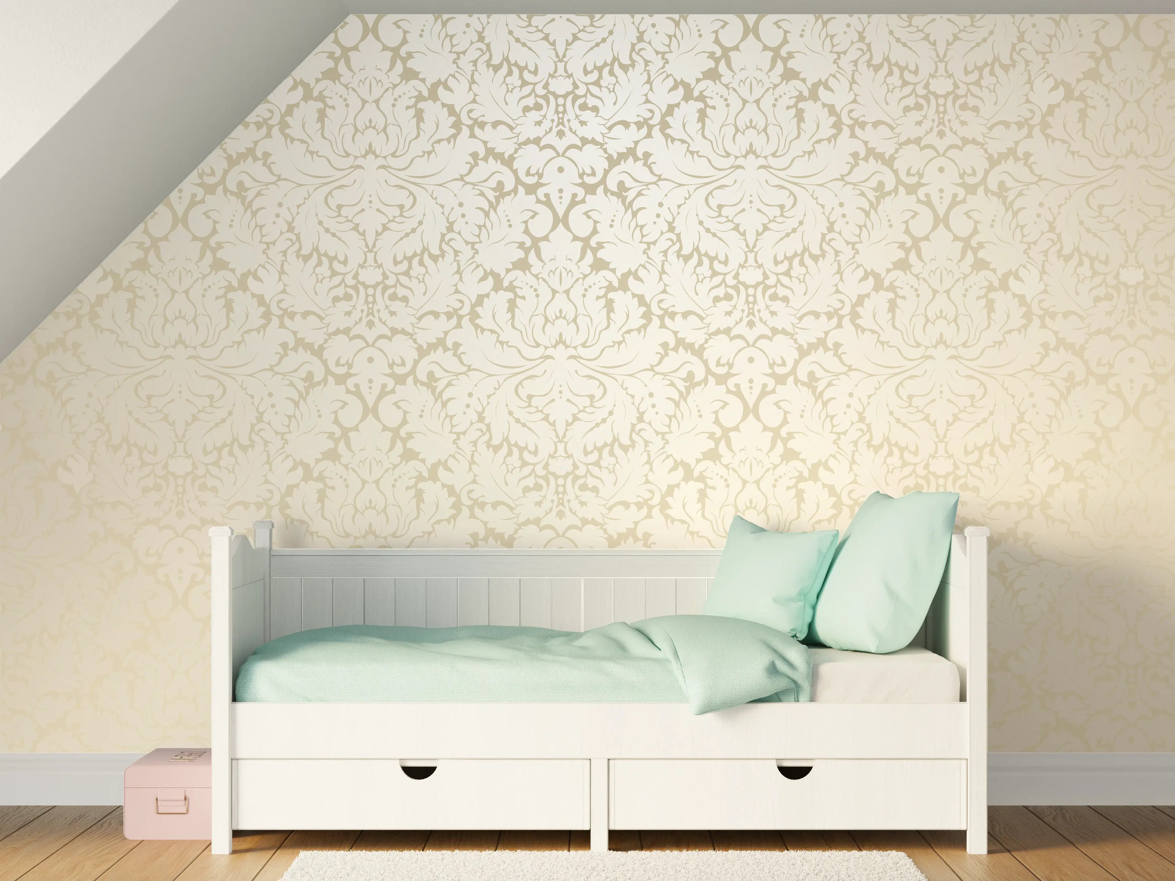 Kinderzimmer Wandgestaltung - Edle Creme-Gold Damast-Tapete