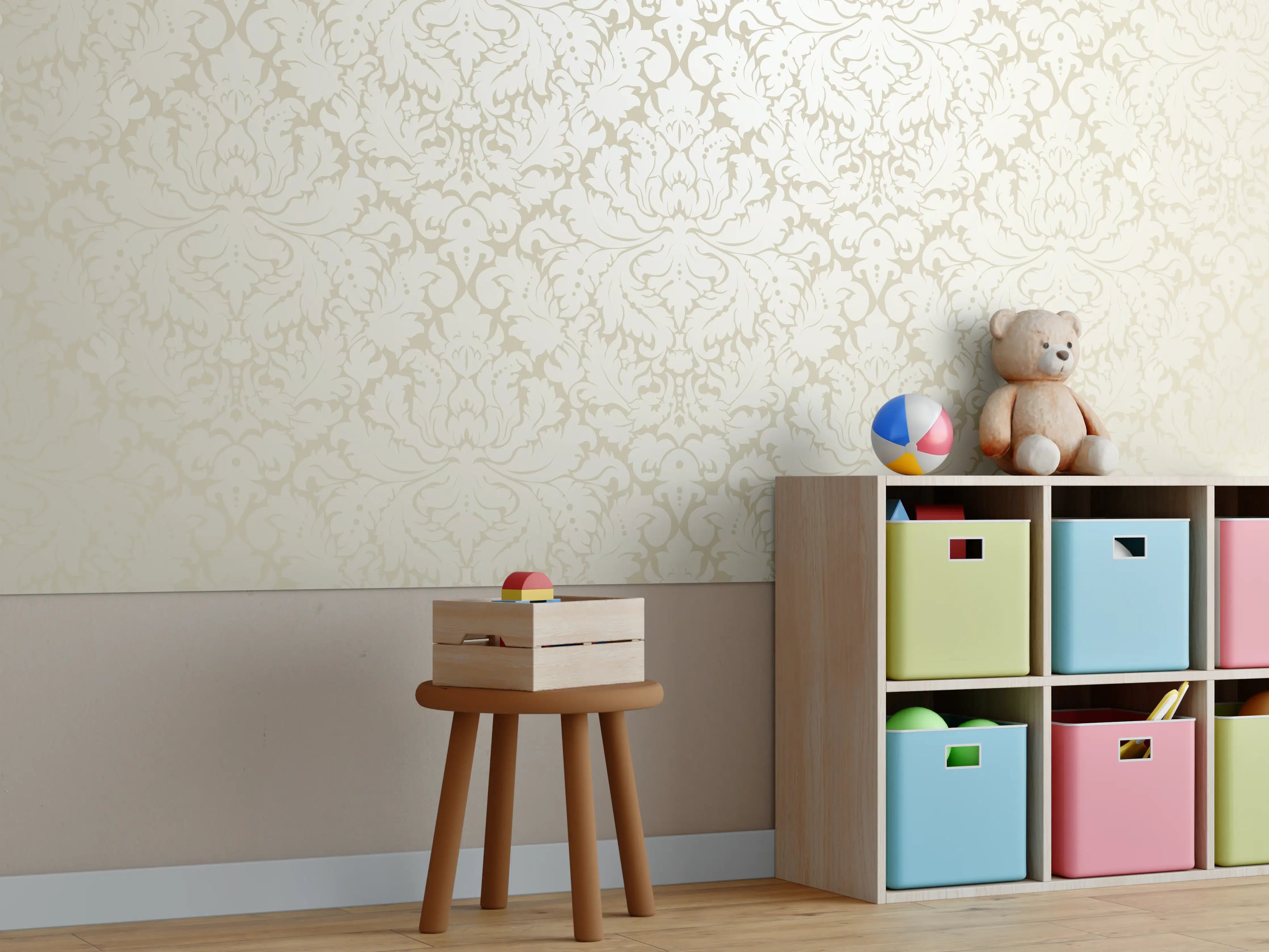 Kinderzimmer Wandgestaltung - Edle Creme-Gold Damast-Tapete