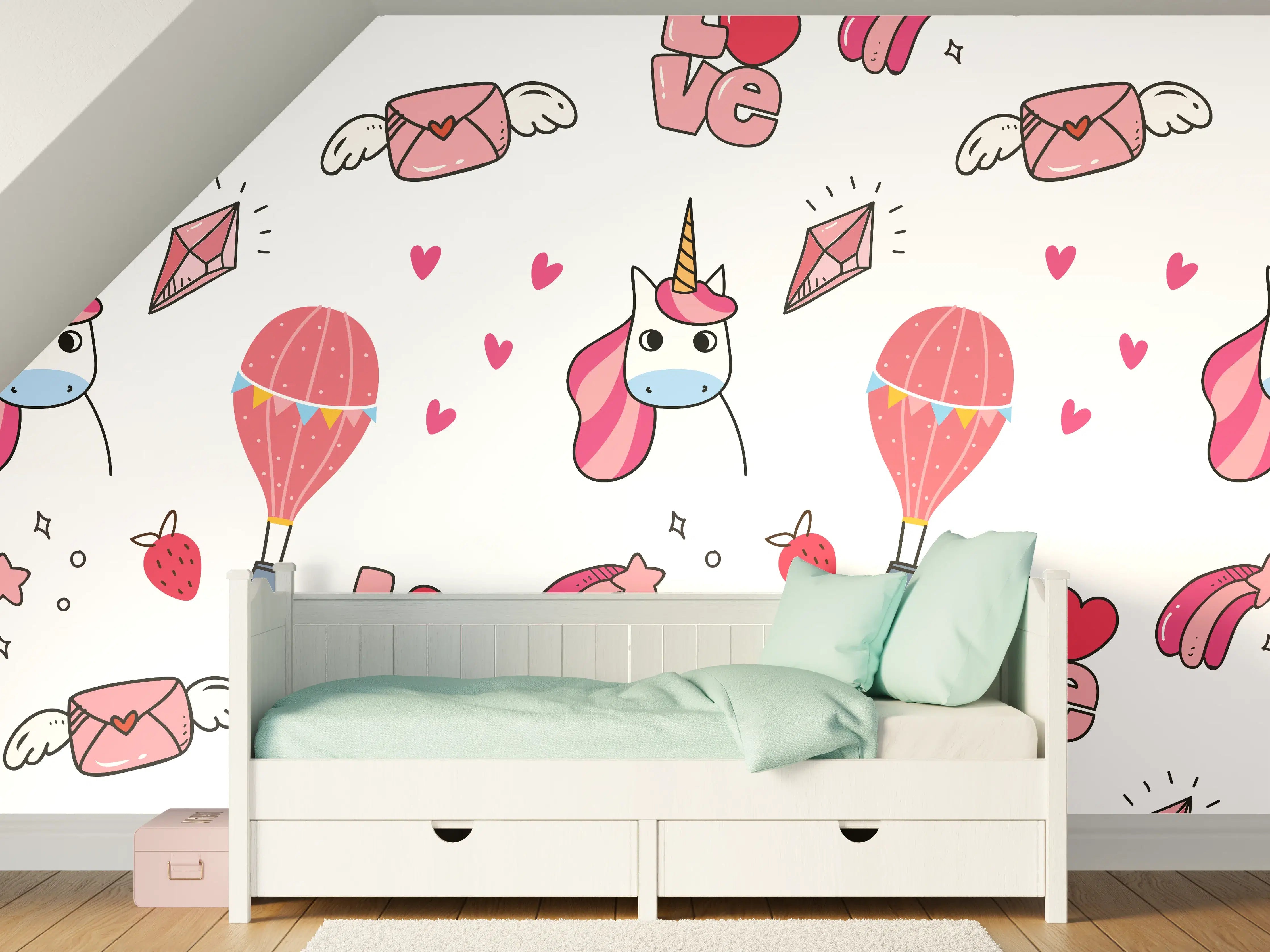 Kinderzimmer Wandgestaltung - Einhorn Liebe Herz Muster