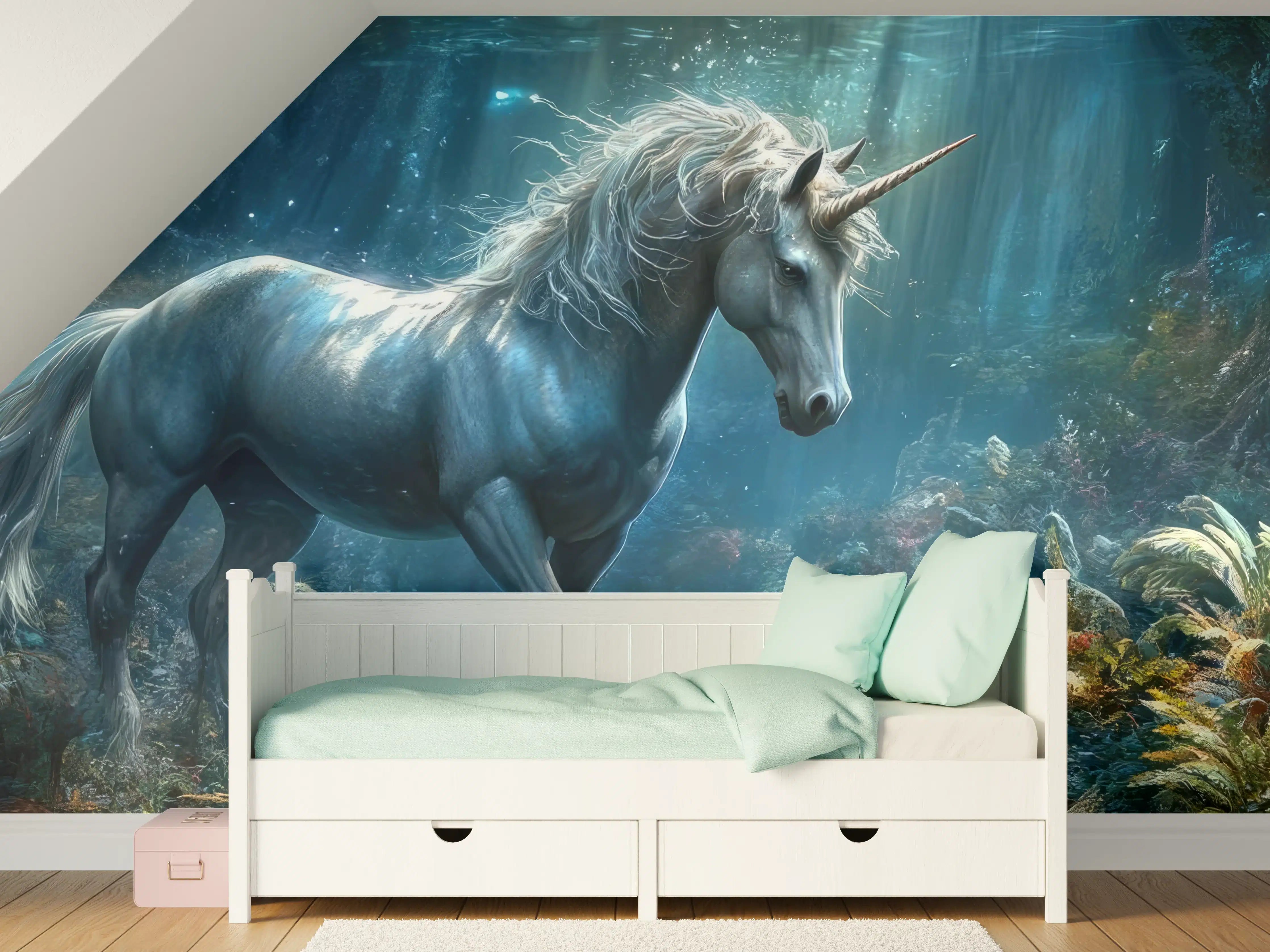 Kinderzimmer Wandgestaltung - Einhorn in mystischem Wald