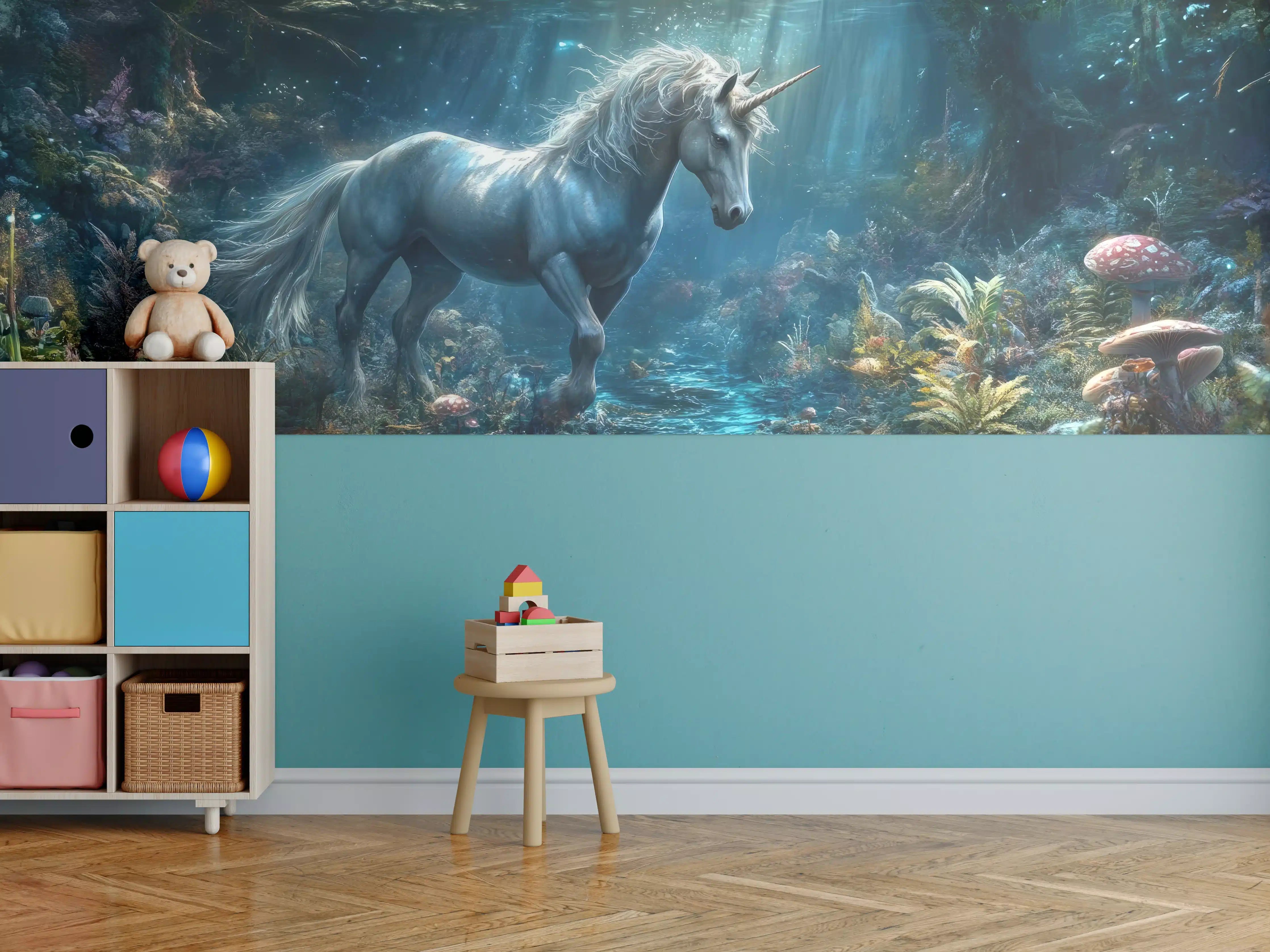 Kinderzimmer Wandgestaltung - Einhorn in mystischem Wald